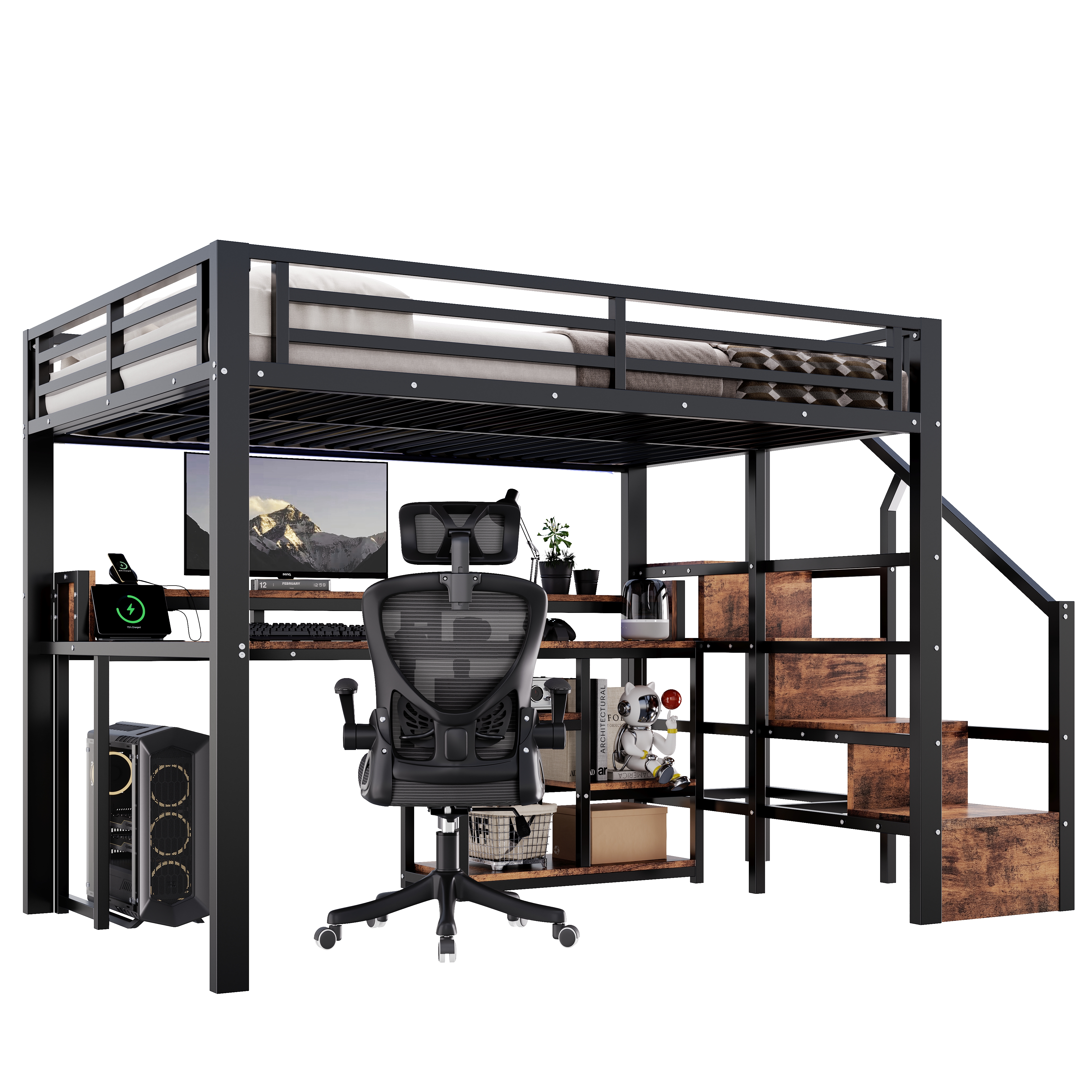 Sänky 140x200 cm multifunktionaalinen turva-aidoin, säilytystila, USB ja tyypin-C liitännät, LED-valaistus, musta, MDF ja metalli