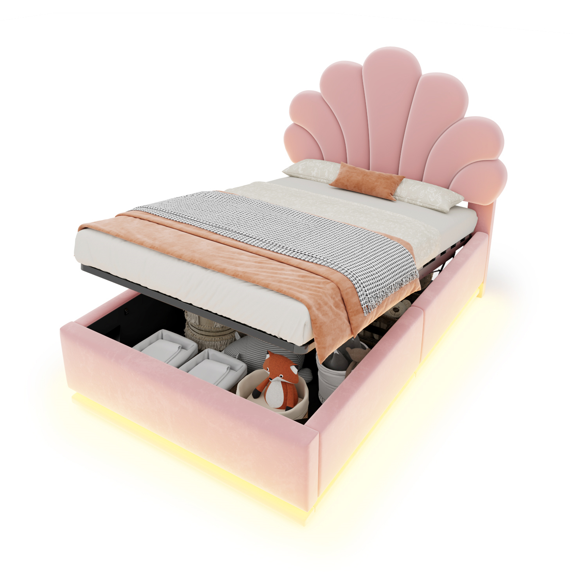 sänky 90x200 cm turva-aidat LED-valaistus säilytystila pinkki sametti