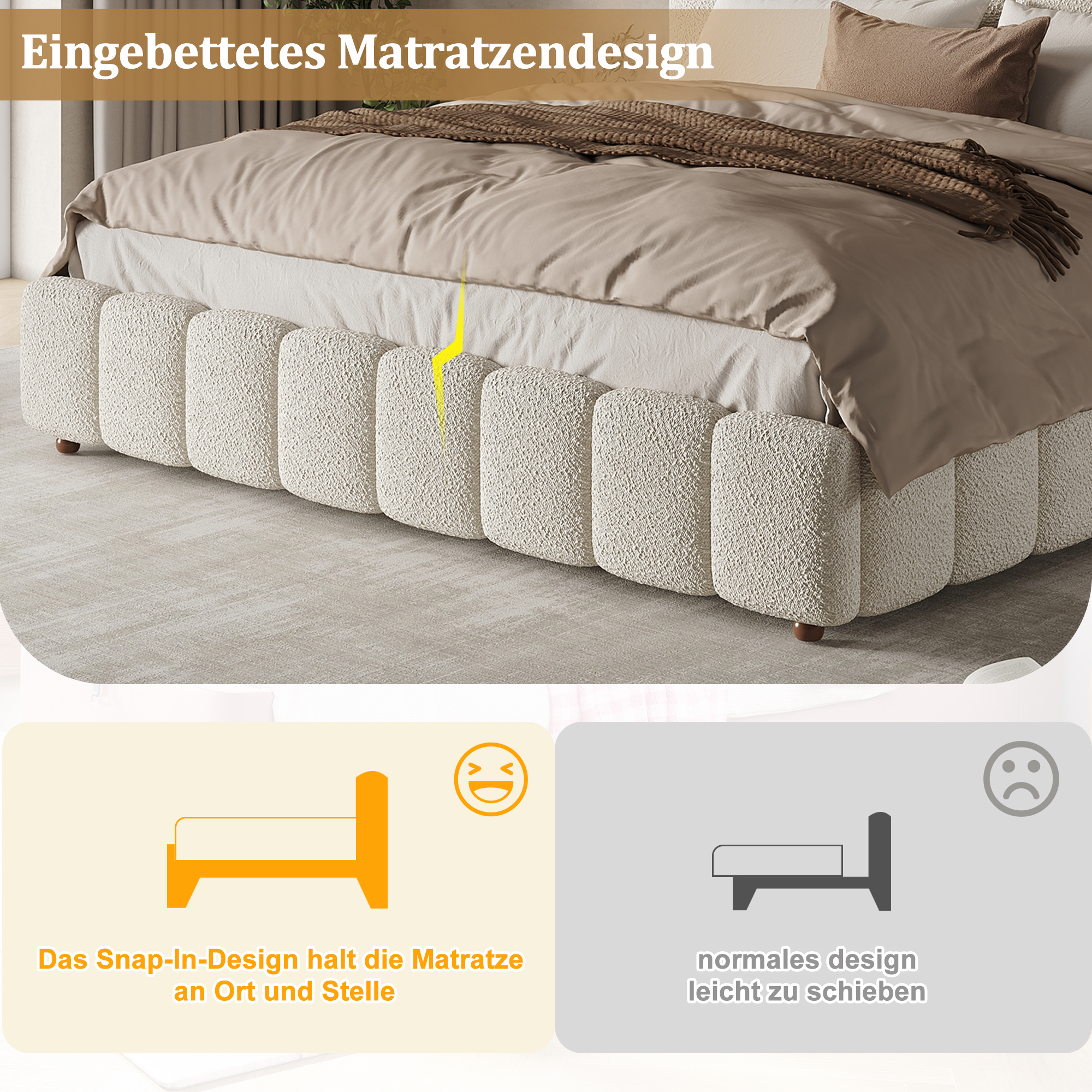 Verhoiltu parisänky 180x200, hydrauliikka, sälepohja, sängynpääty suurella säilytystilalla, bouclé, valkoinen