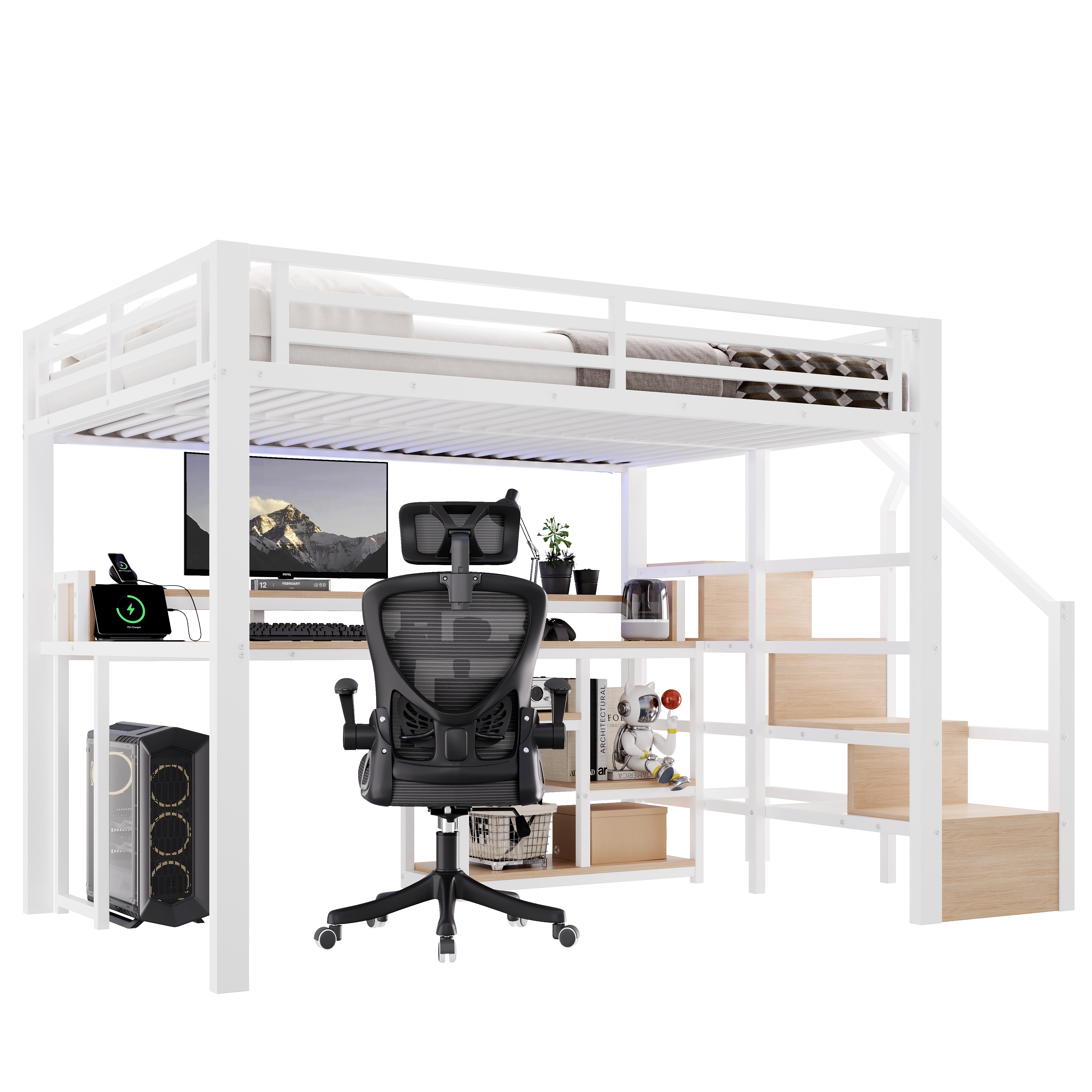 Sänky 140x200 cm turva-aidoin, säilytystila, USB ja tyypin-C liitännät, LED-valaistus, valkoinen, MDF ja metalli