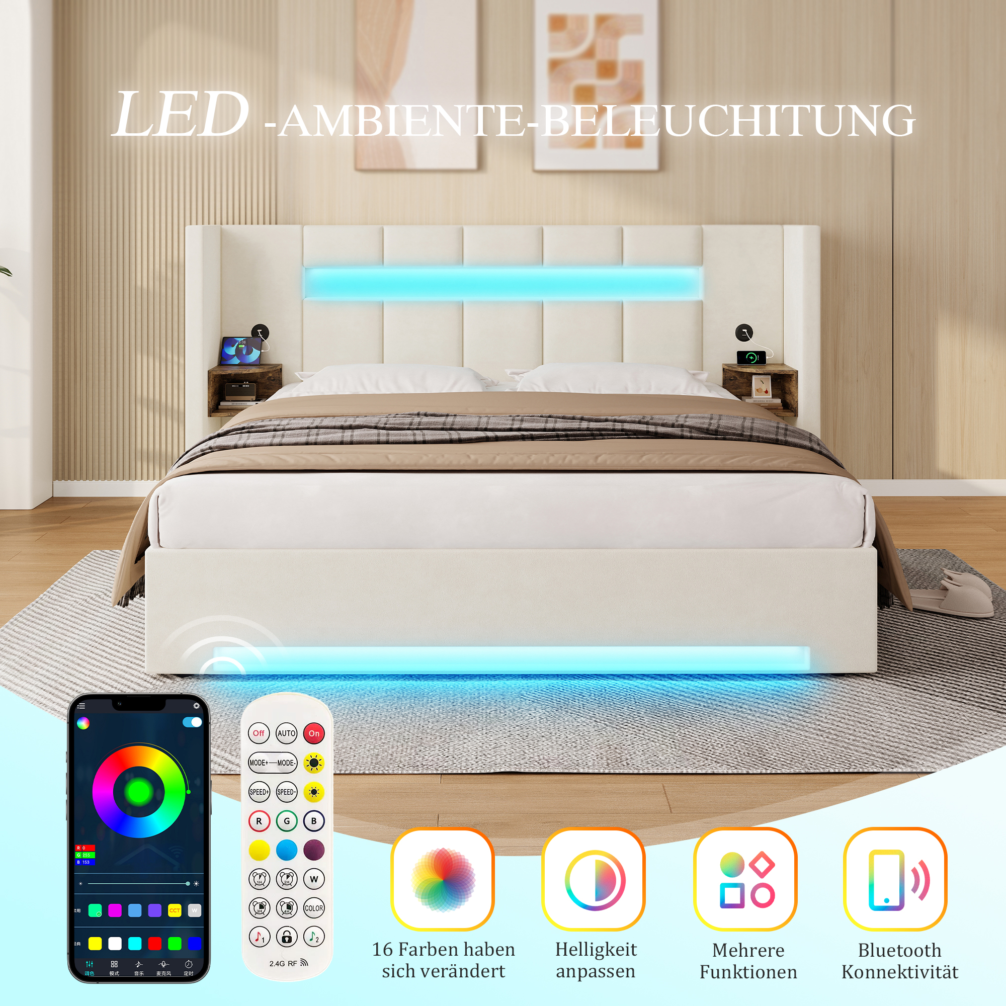 sänky 160x200 cm turva-aidat LED-valaistus säilytystila kermanvärinen sametti
