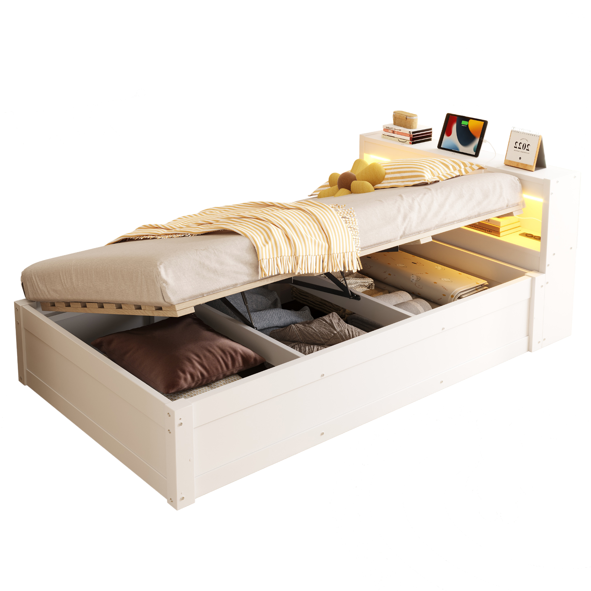 Sänky 90x200 cm säädettävä hydraulisella mekanismilla säilytystilalla ja monivärisellä LED-valaistuksella valkoinen MDF