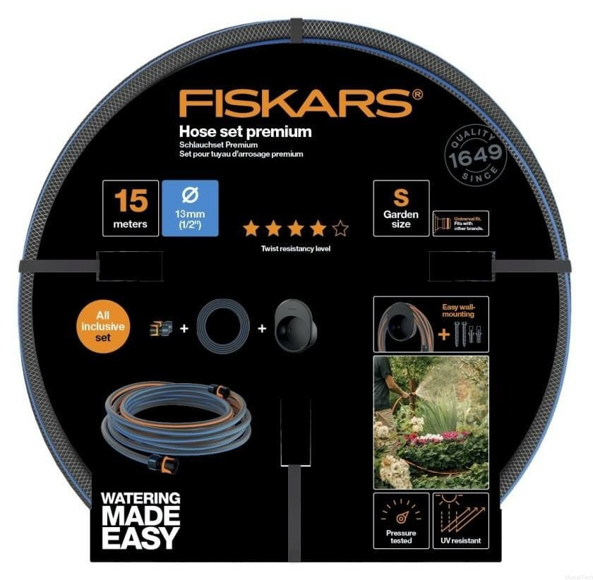 Fiskars -Seinäletkuteline 15 m Letkulla Q4 13 mm