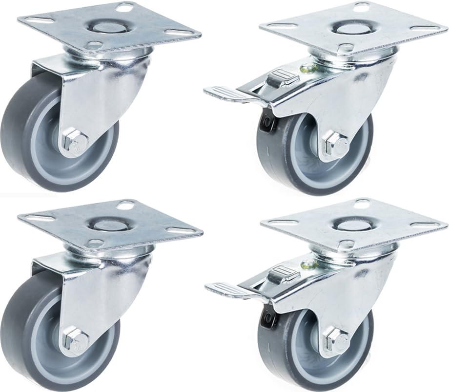 4 kpl:n sarja - 100 sarjan kääntyvä/jarrullinen pyörä 50mm harmaa TPR-kumi polypropeenilla.