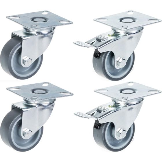 4 kpl:n sarja - 100 sarjan kääntyvä/jarrullinen pyörä 50mm harmaa TPR-kumi polypropeenilla.