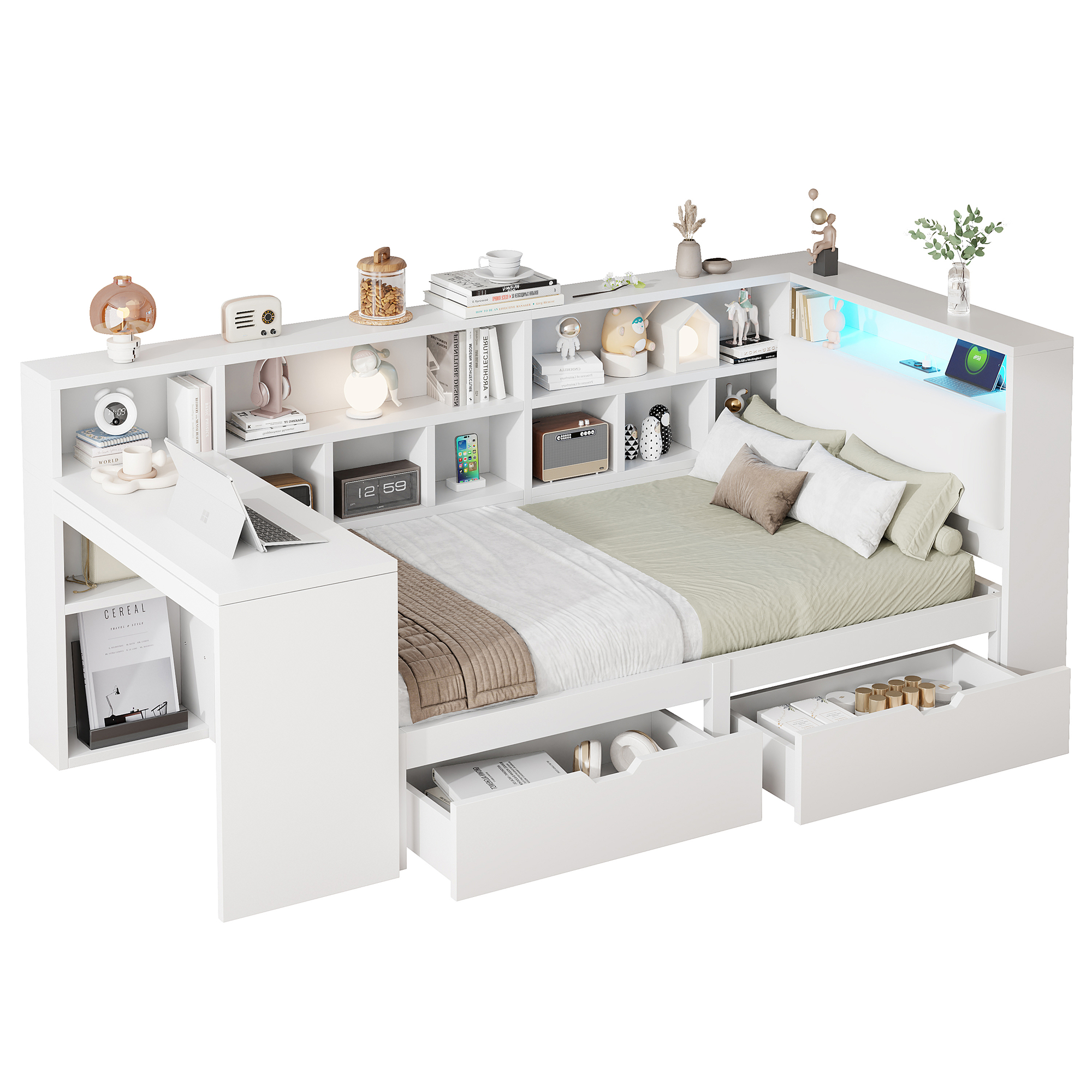 sänky 90x200 cm L-muotoinen säilytystila ja kirjahylly sisältävä puinen sängynrunko valkoinen MDF ja vaneri