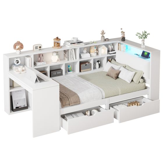 sänky 90x200 cm L-muotoinen säilytystila ja kirjahylly sisältävä puinen sängynrunko valkoinen MDF ja vaneri