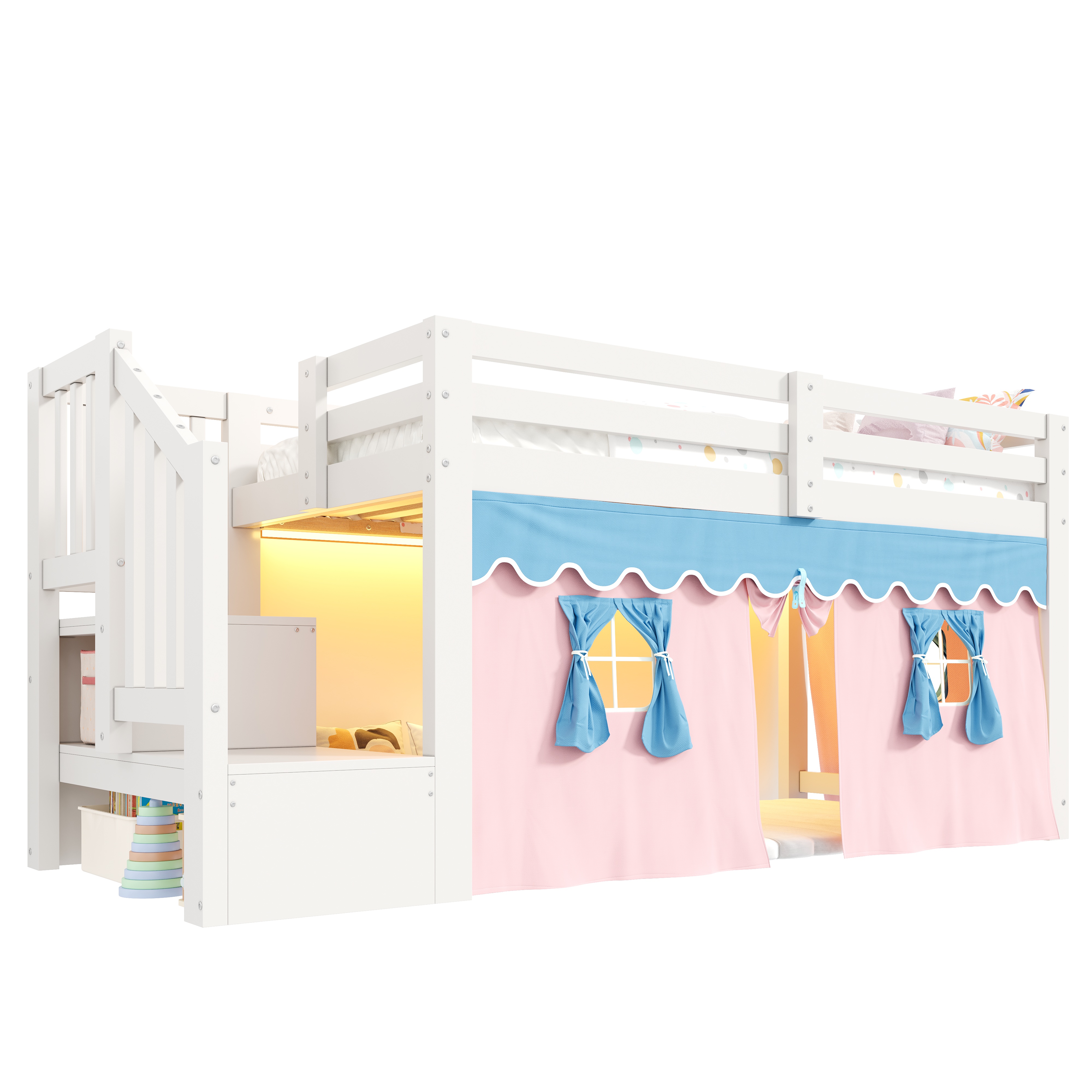 Sänky 90x200 cm säilytystila ja LED-valaistus valkoinen mänty ja MDF