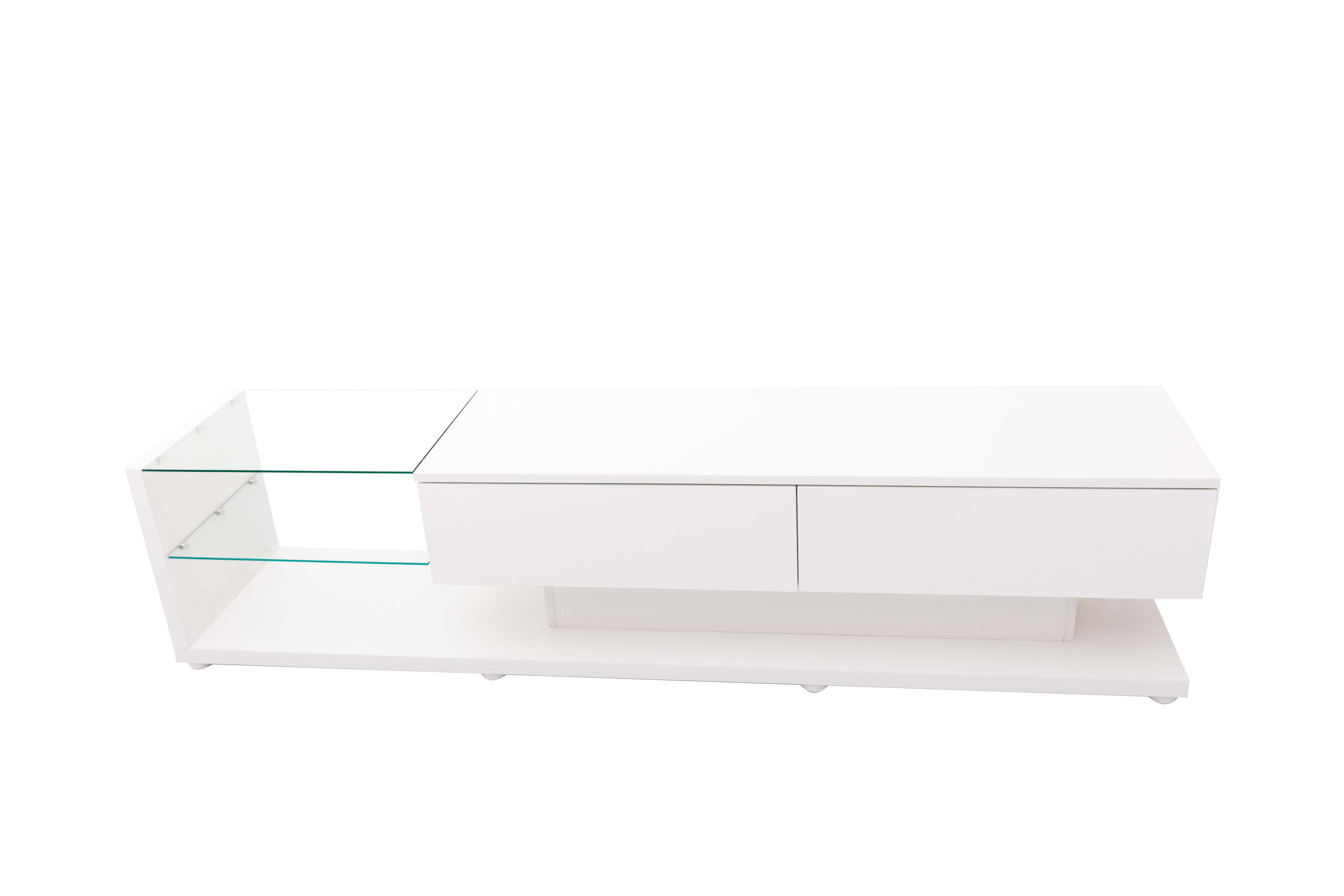 TV-taso 170x38x36 cm valkoinen lastulevy säilytyksellä ja lasihyllyillä