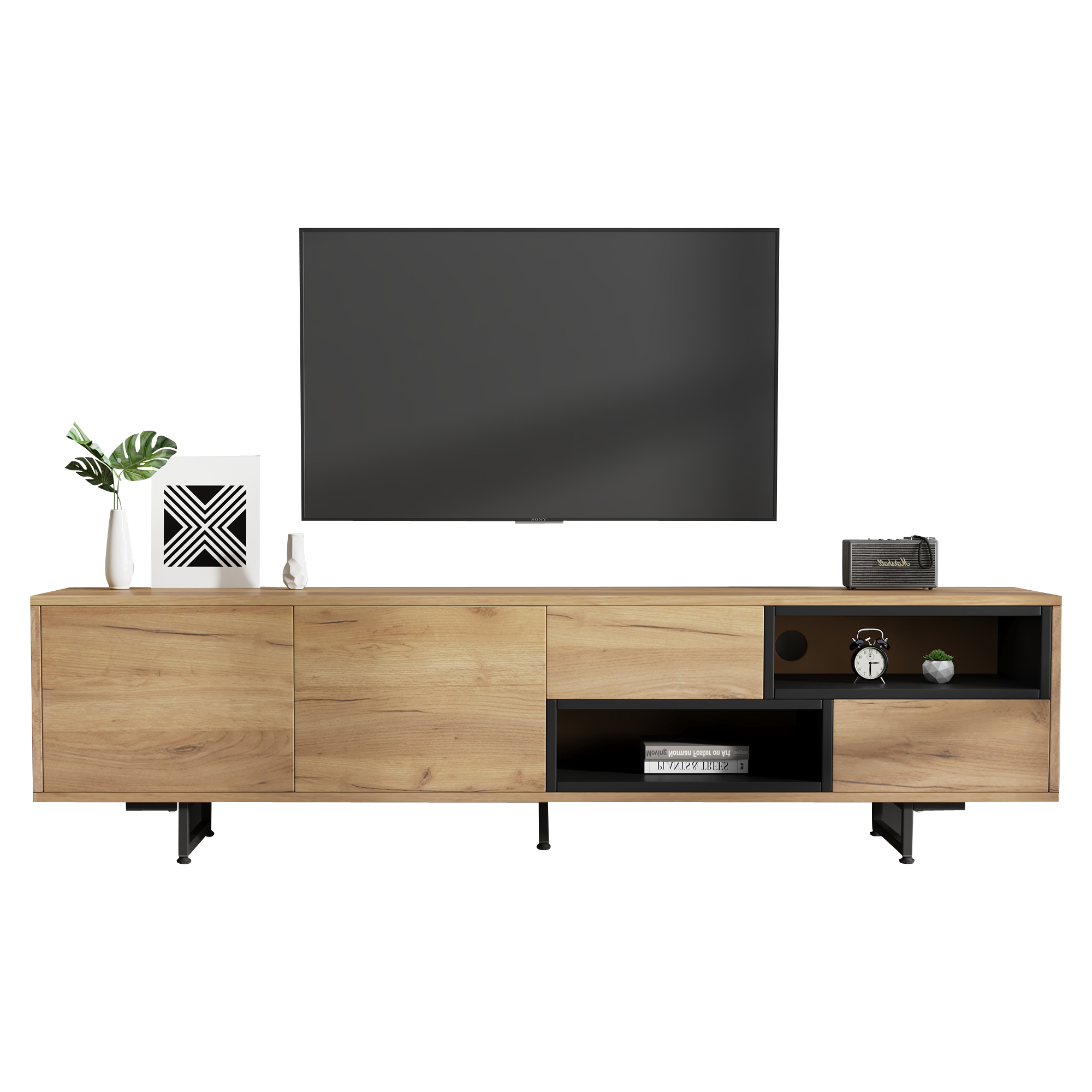TV-taso 173x38x48 cm puunvärisen lastulevyn valmistama säilytyksellä ja avohyllyillä