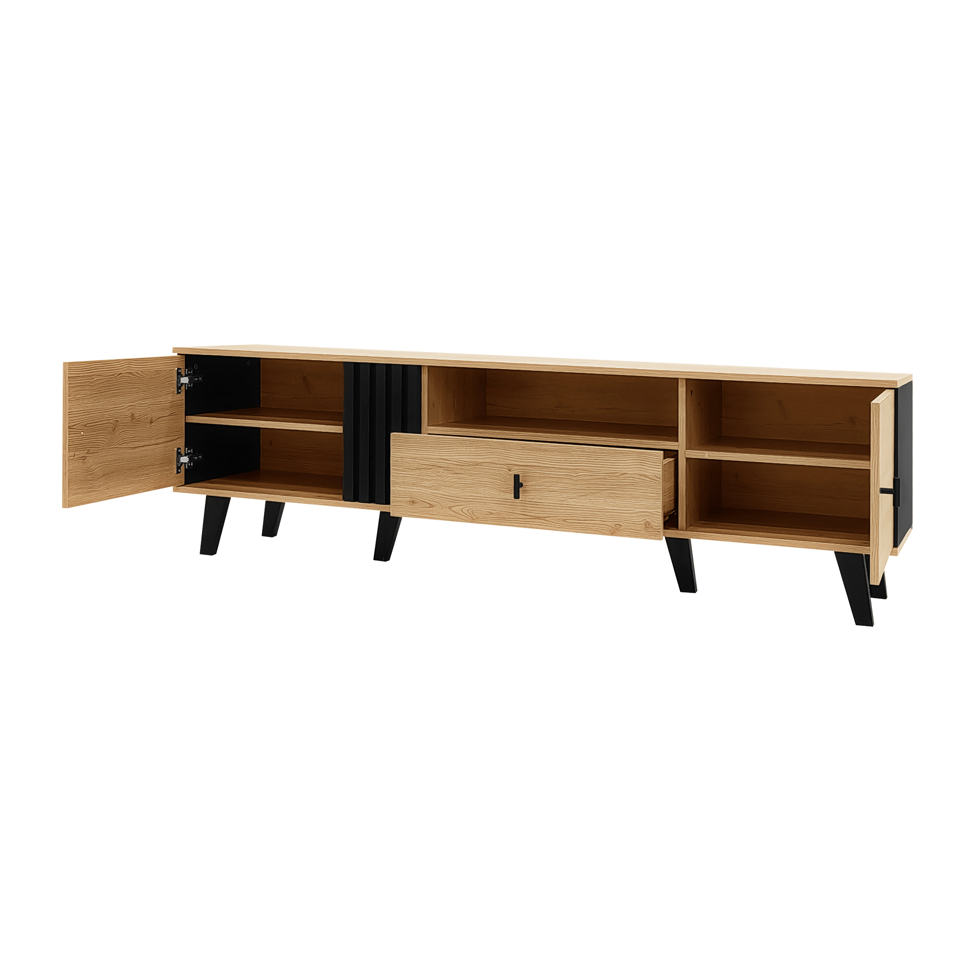 TV-taso 170x40x50,5 cm luonnonväri puinen ja lasi säilytyksellä ja liukuovilla