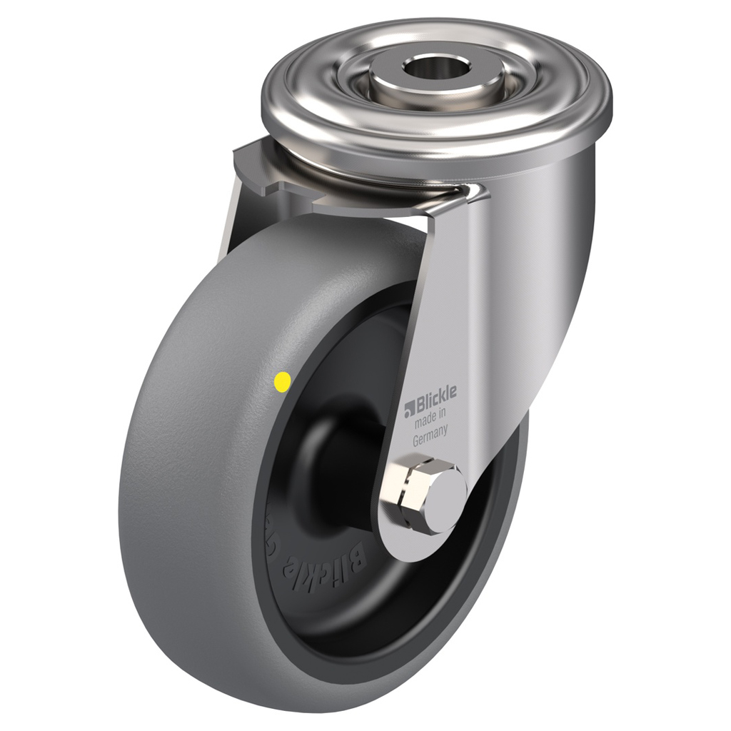 100 mm:n ruostumattomasta teräksestä valmistettu kääntyvä pyörä, jossa on harmaa sähköä johtava termoplasia