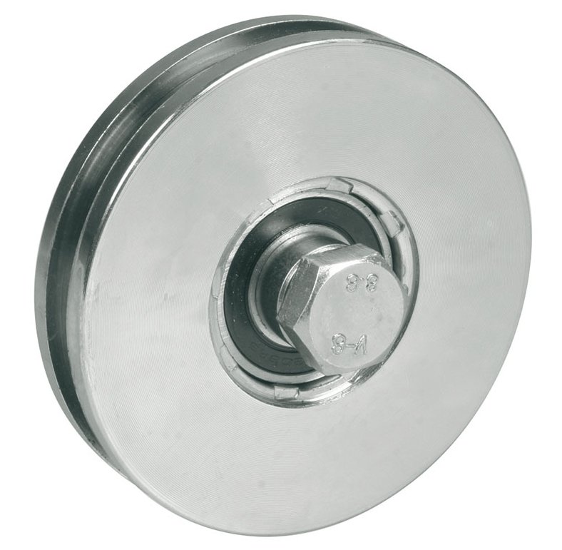 80mm pyöreä urapyörä, jossa 8mm ura kaapelia varten pultilla ja mutterilla varustettuna.