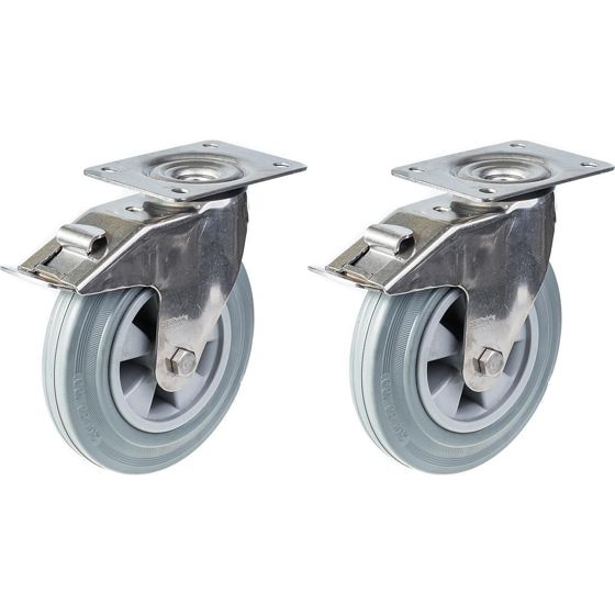 200mm 8" ruostumattomasta teräksestä valmistettu pyörä, harmaa kumi, kääntyvä jarrullinen, 410kg, 2 kpl:n sarja.