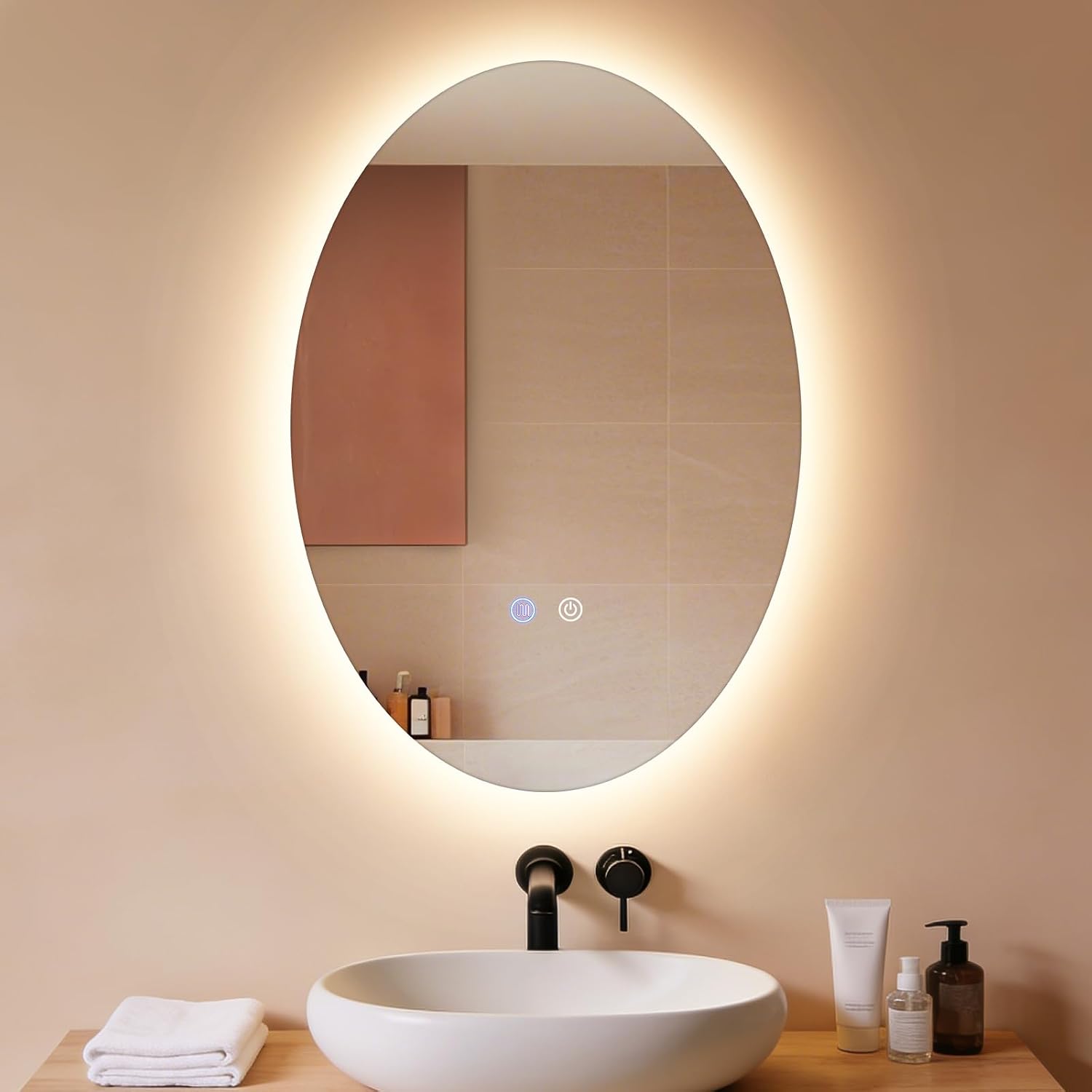 NETTLIFE Soikea LED-kylpyhuoneen peili 50x70cm, Kosketusohjaus, Huurtumaton, Himmennettävä 3000-6500K, IP44 Seinäpeili