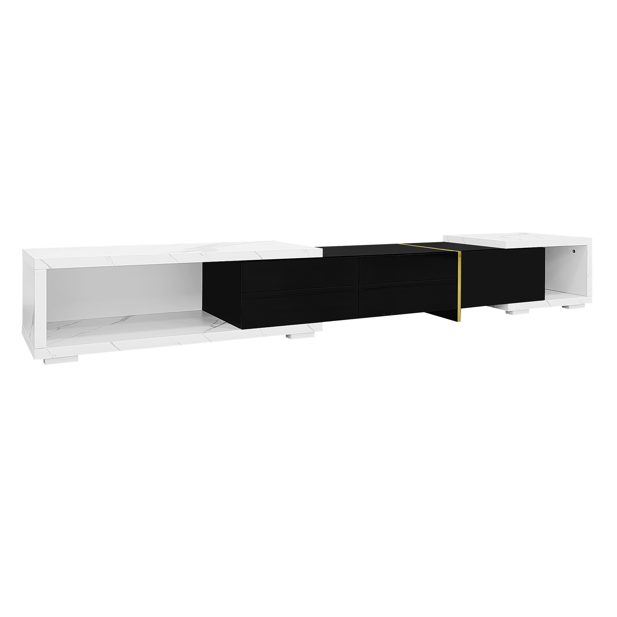 TV-taso 140x40x50 cm valkoisella marmoritekstuurilla mustalla korkean kiiltoisuuden ja mattapinnan yhdistelmällä ja kultaisilla koristeilla
