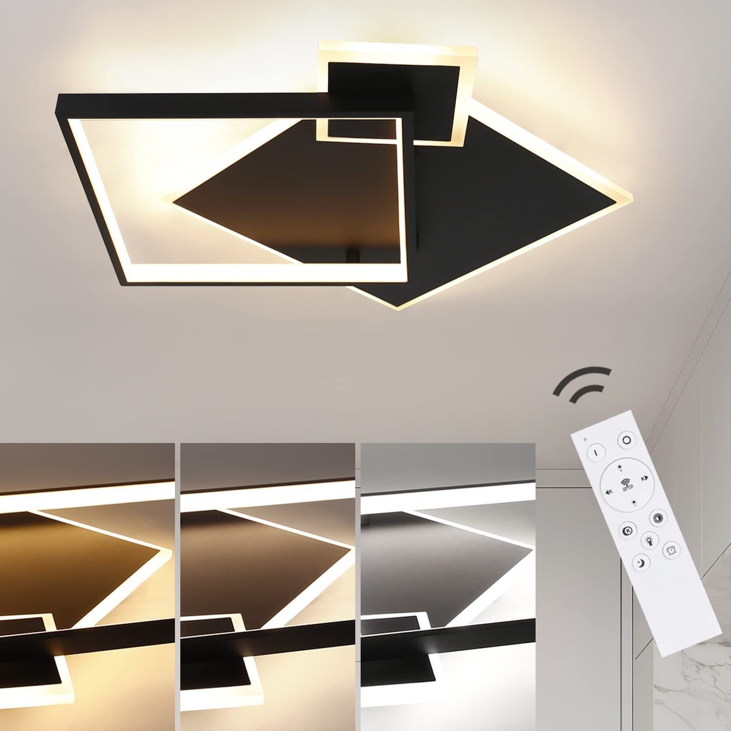 NETTLIFE LED - kattovalaisin, musta himmennettävä, 50 W, moderni muotoilu, olohuoneen valaisin Kaukosäätimellä metalli, ruokasaliin Keittiöön