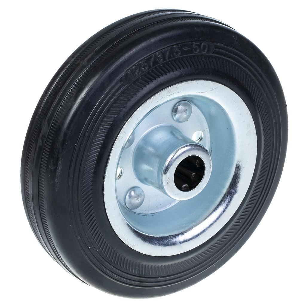125 mm:n pyörä, jossa on musta kumipinta ja puristetusta teräksestä valmistettu keskiö