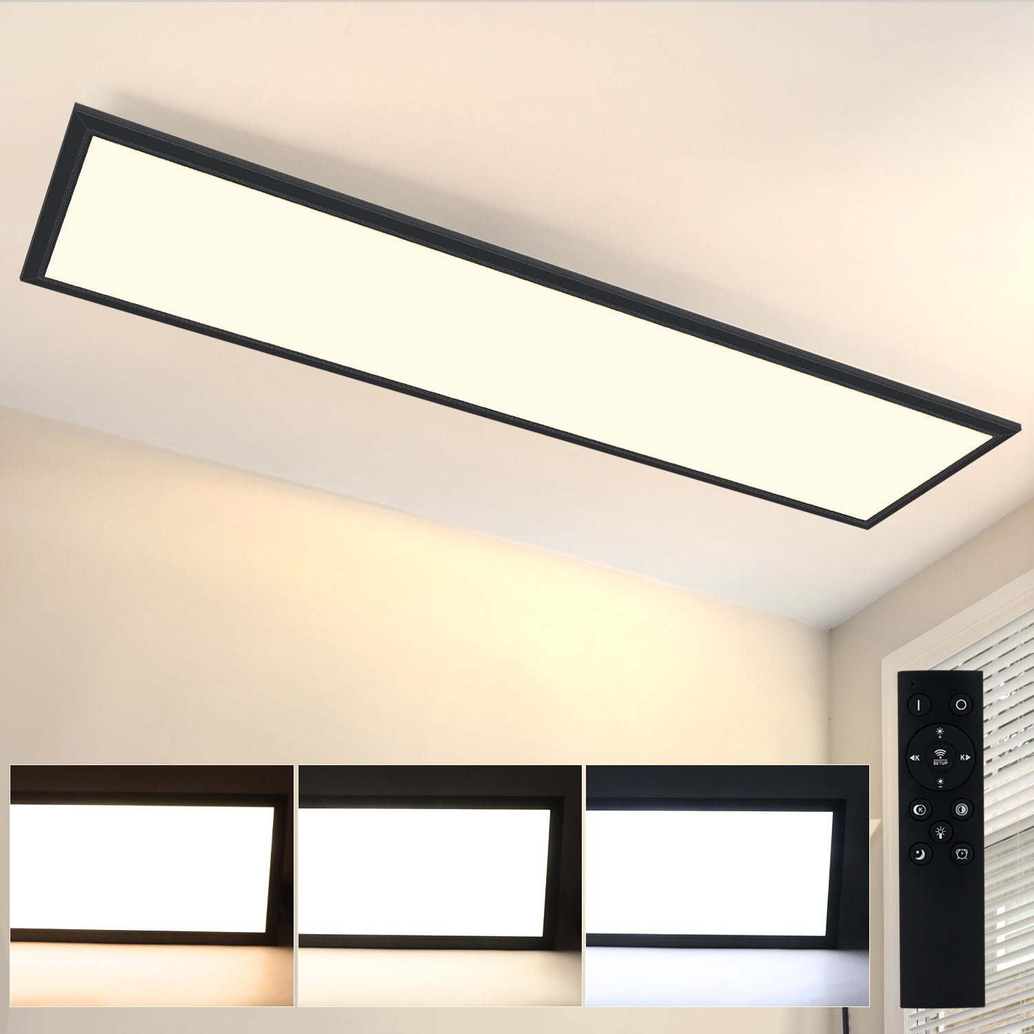 NETTLIFE LED - kattovalaisin, 120x30CM 48W, musta paneeli, himmennettäväKaukosäätimellä, moderniin olohuoneeseen, toimistoon Keittiöön Käytävään