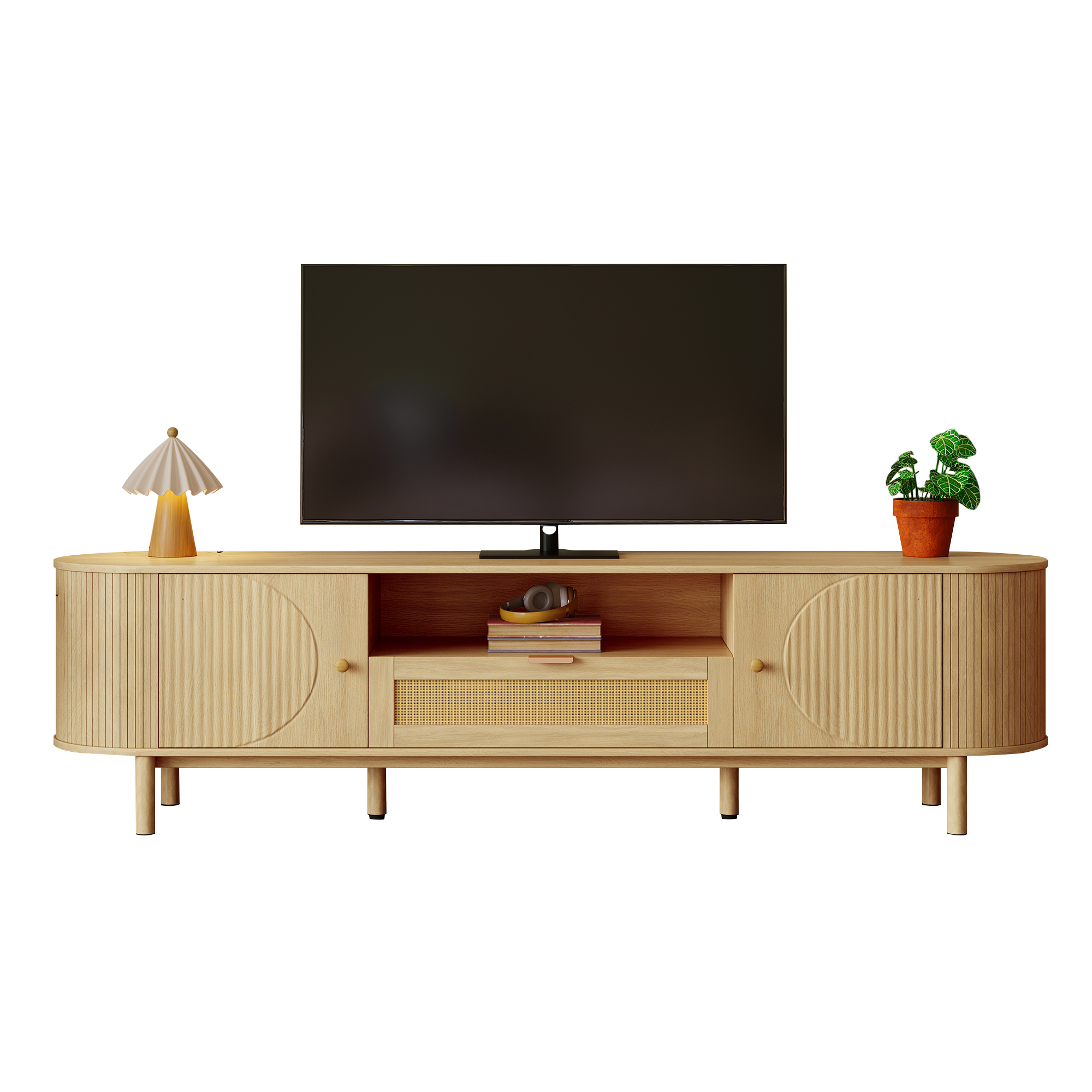 TV-taso 175x36x51 cm luonnonväriinen MDF metallijalat säilytyksellä ja johtoaukoilla