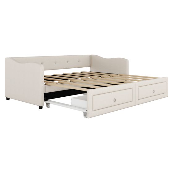 Vuodesohva 90 x 200 cm, Beige Pellava, 2 Laatikkoa