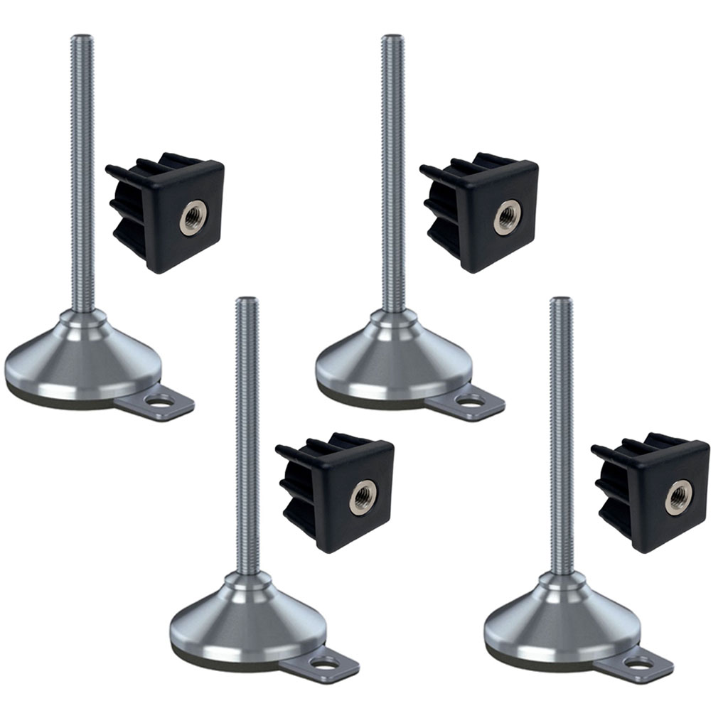 Ruostumaton jalka 16x150x80mm, tyyny ja kiinnitysreikä + insertit 40x40x1.5mm - 4 kpl:n sarja.