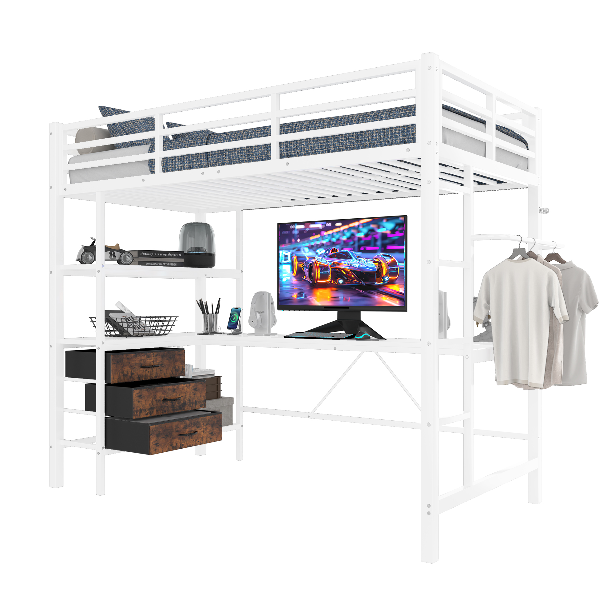 Hochbett 90x200 cm LED-valaistus kirjoituspöytä 3 laatikkoa säilytystila turva-aidat valkoinen metalli ja MDF