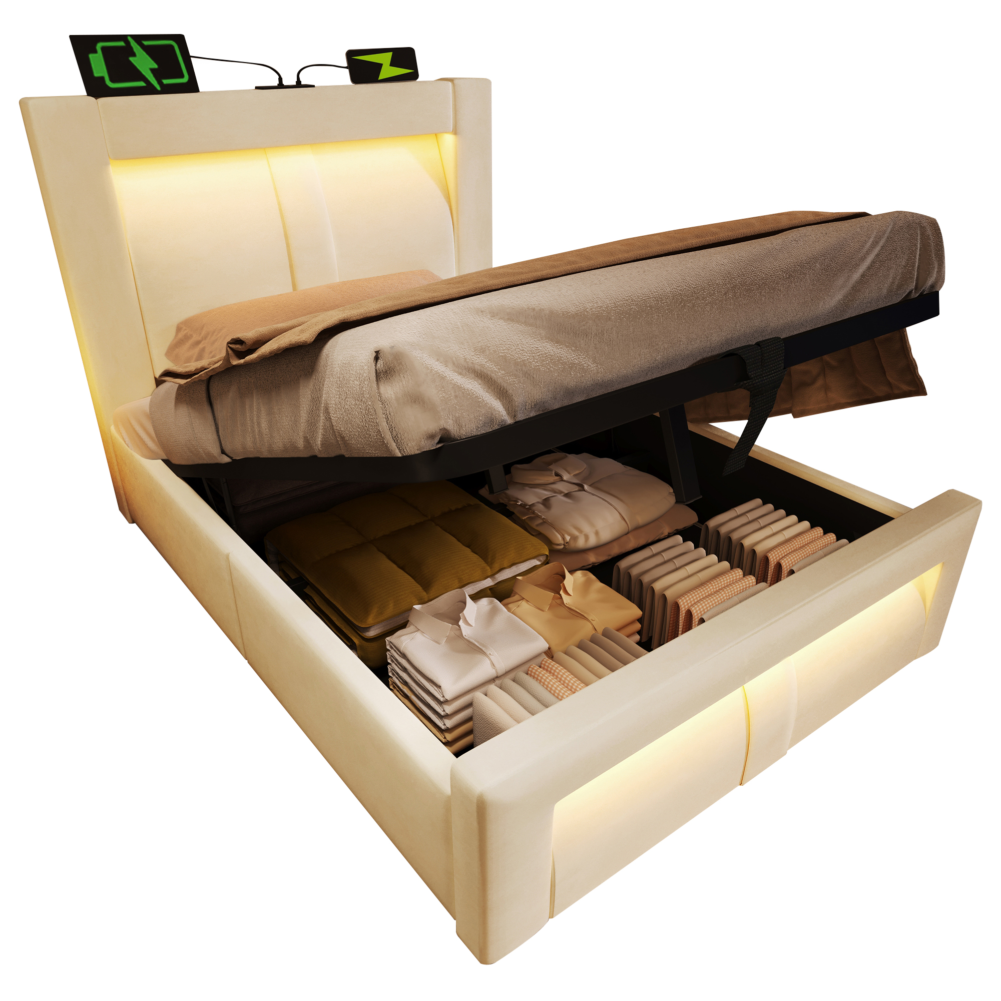 sänky 90x200 cm säilytystila LED-valaistus USB-lataus sametti beige