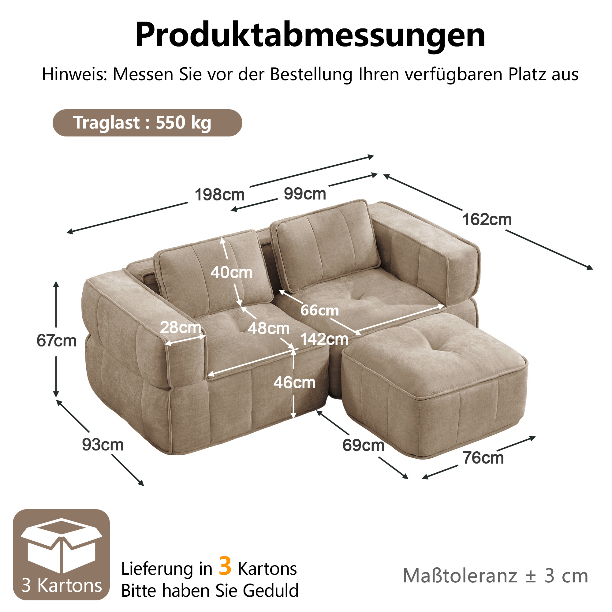Kaksipaikkainen sohva ja rahi, minimalistinen, polyesteri-hiekanvärinen