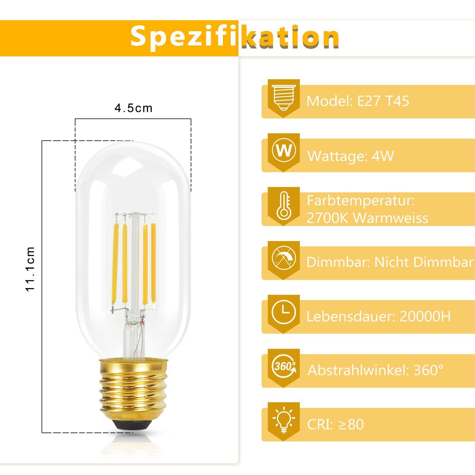 NETTLIFE 4 kpl E27 LED - lamppuja, lämmin valkoinen, vintage - LED - lamput T45, 4 W, 2700 K, energiansäästölamppu, retrotyylinen Edison - filamentti, lasia