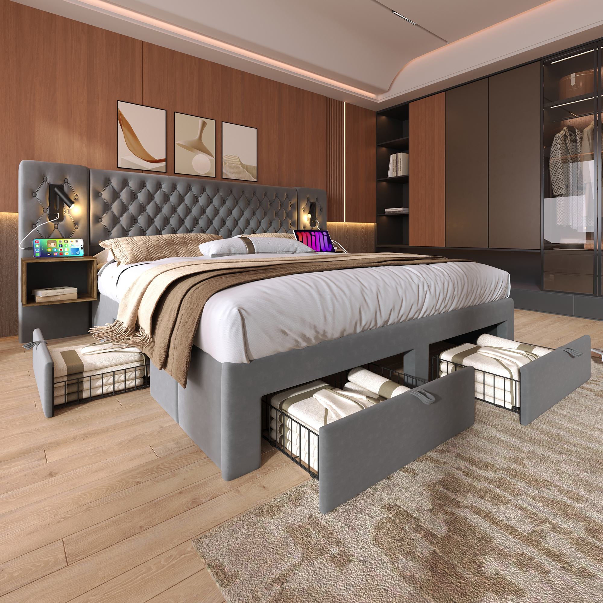 Täydellinen makuuhuonesetti, 180x200cm sänky kahdella yöpöydällä ja LED-pääty, harmaa sametti