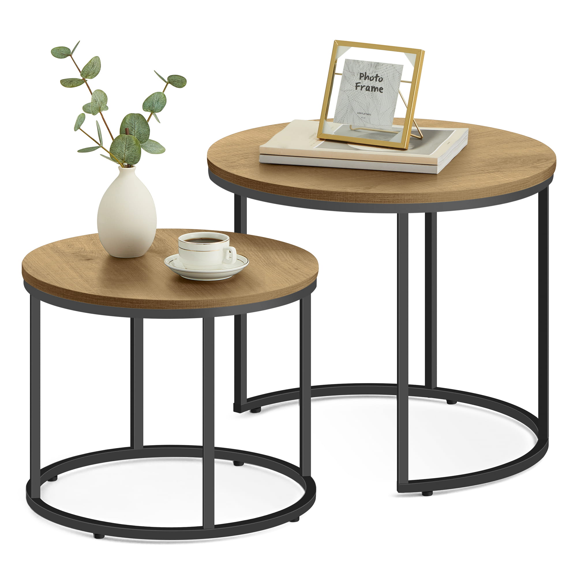 Pyöreä sohvapöytä, 2 osaa - tammi / mustat jalat