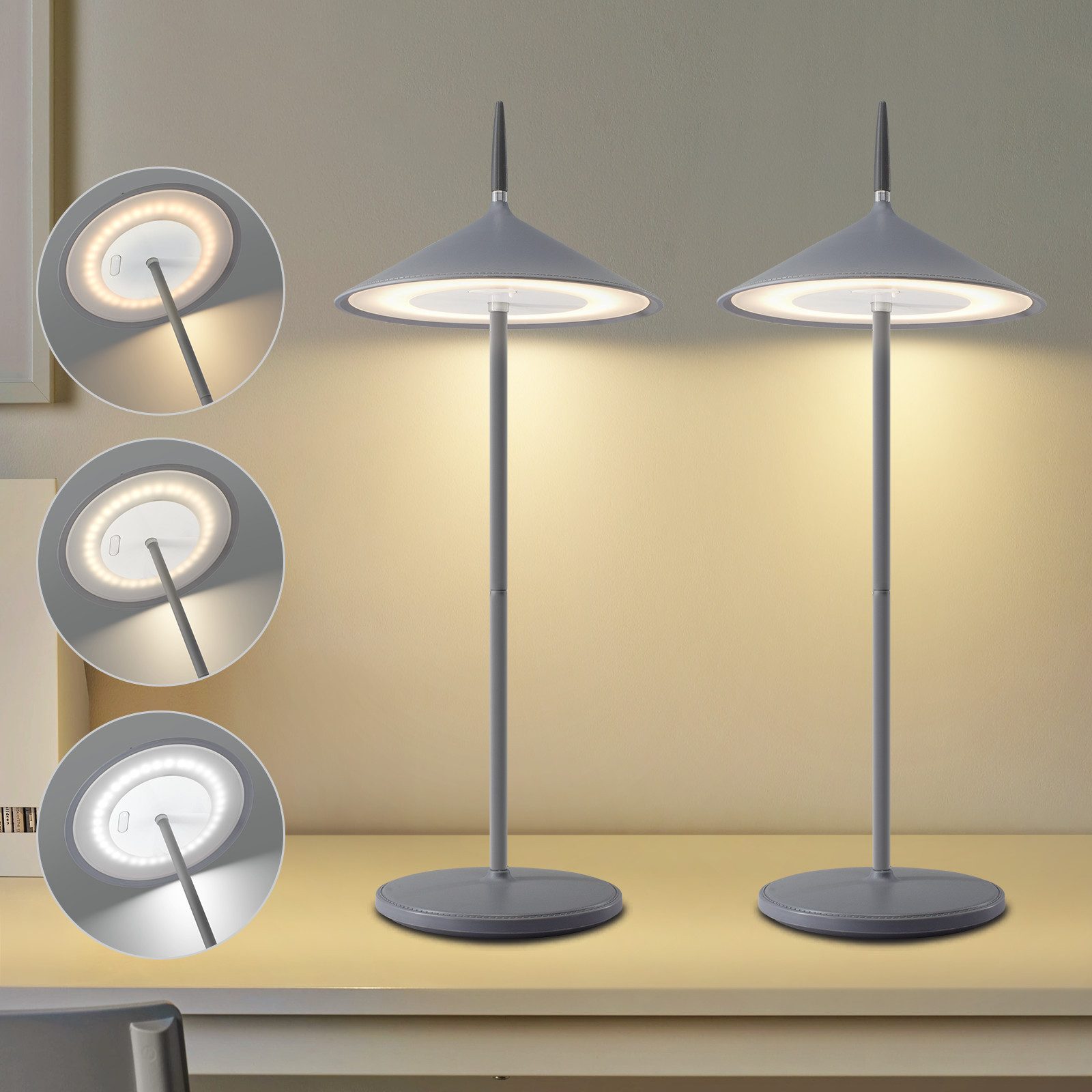 NETTLIFE langaton pöytävalaisin yövalo 2 LED-pöytävalaisimen akkupakkaus 1800mhA ladattava kosketusnäyttö himmennettävä moderni harmaa IP44 USB