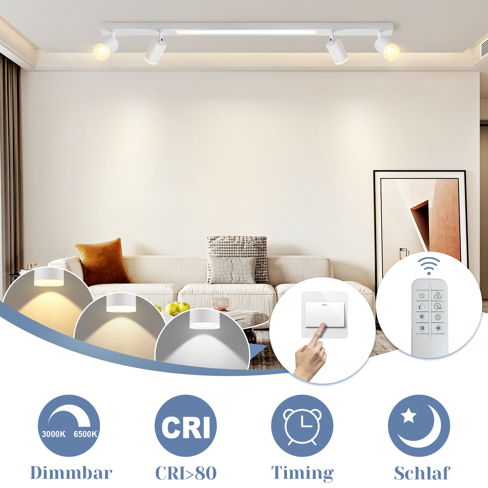 NETTLIFE LED-kattovalaisin 4 himmennettävää lamppua 38W valkoinen kaukosäätimellä 3000K-6500K säädettävä 350°