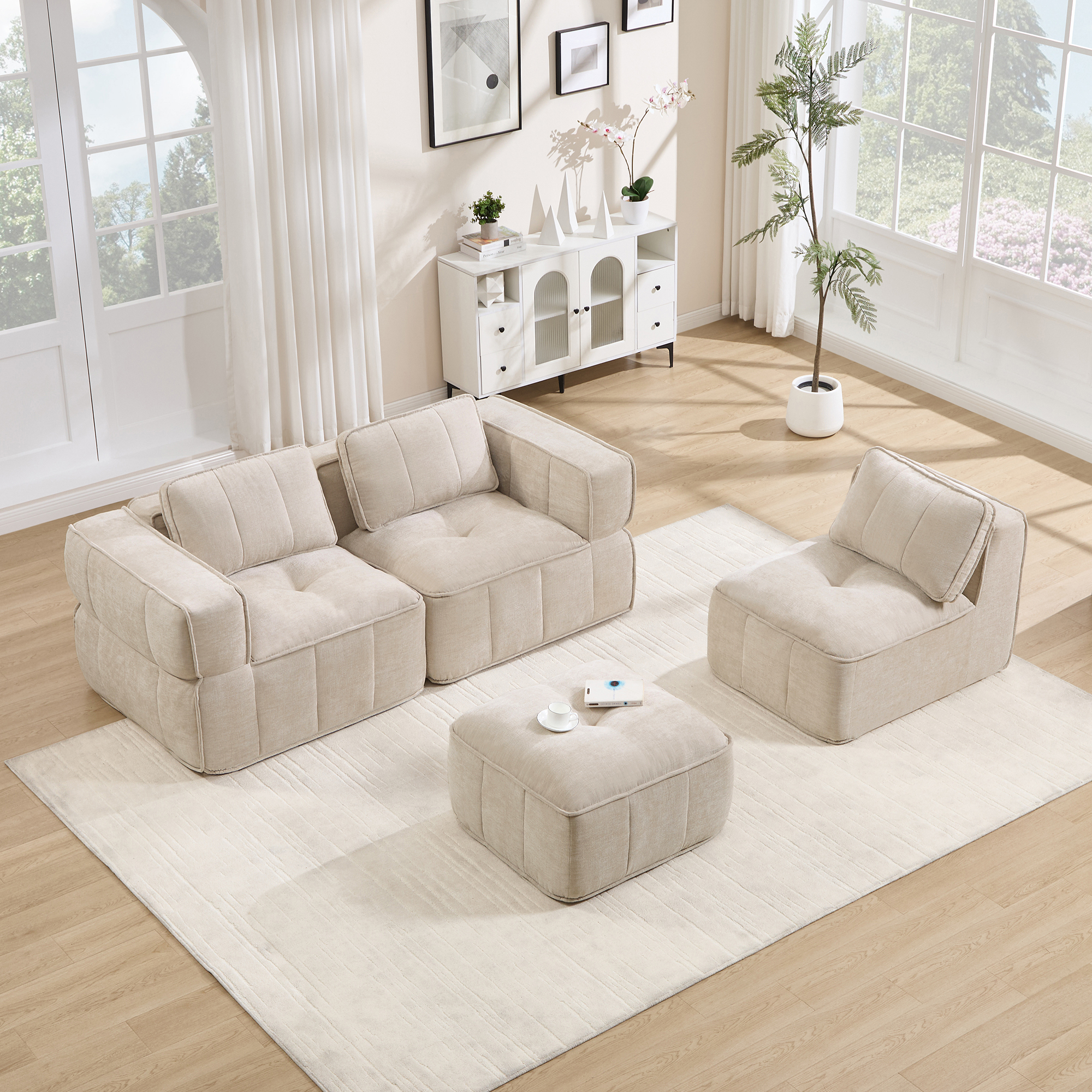 moduulisohva 3-paikkainen beige kangas moderni säädettävä