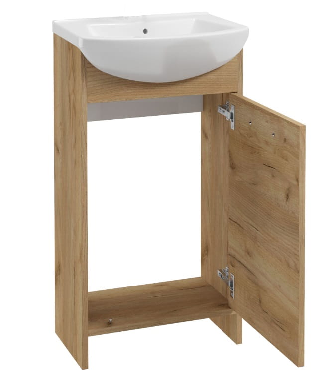 Setti kultatammista kylpyhuonekaappia 45cm, pesuallas, hana ja Frigo-sifoni