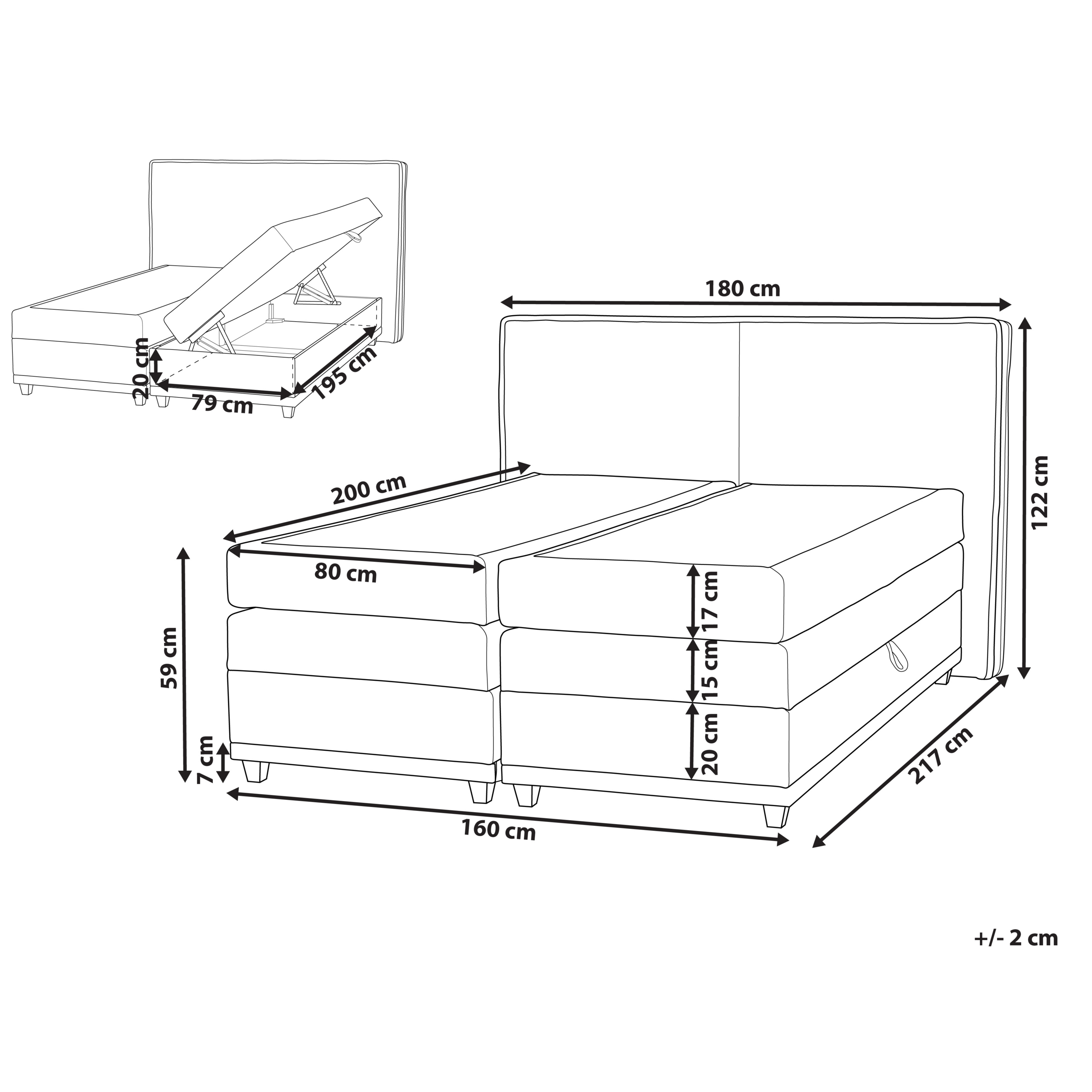 Jenkkisänky säilytystilalla kangas DYNASTY 160 x 200 cm Vaaleanharmaa