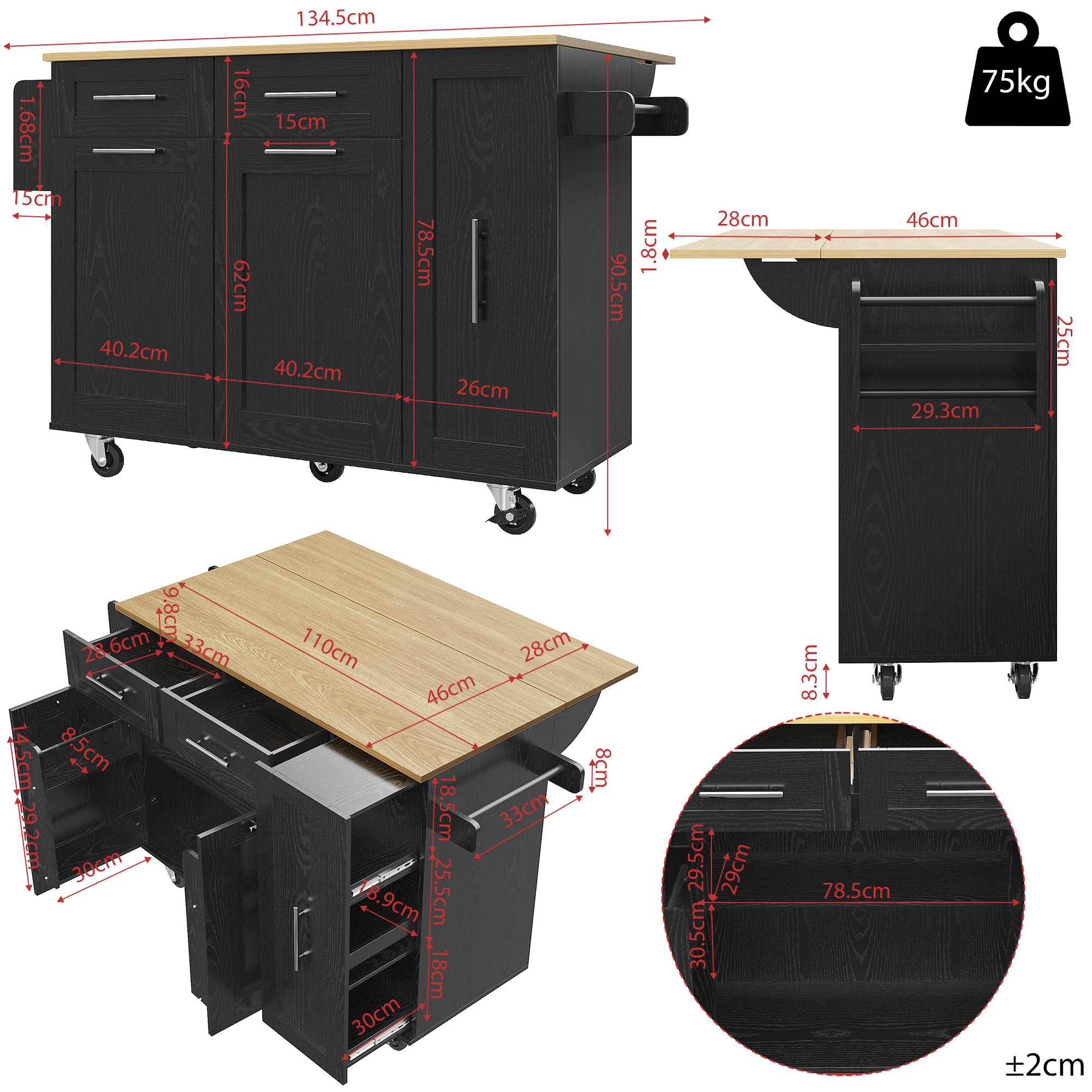 Keittiösaareke, moderni, välipalahyllyillä, säilytystilaa, musta