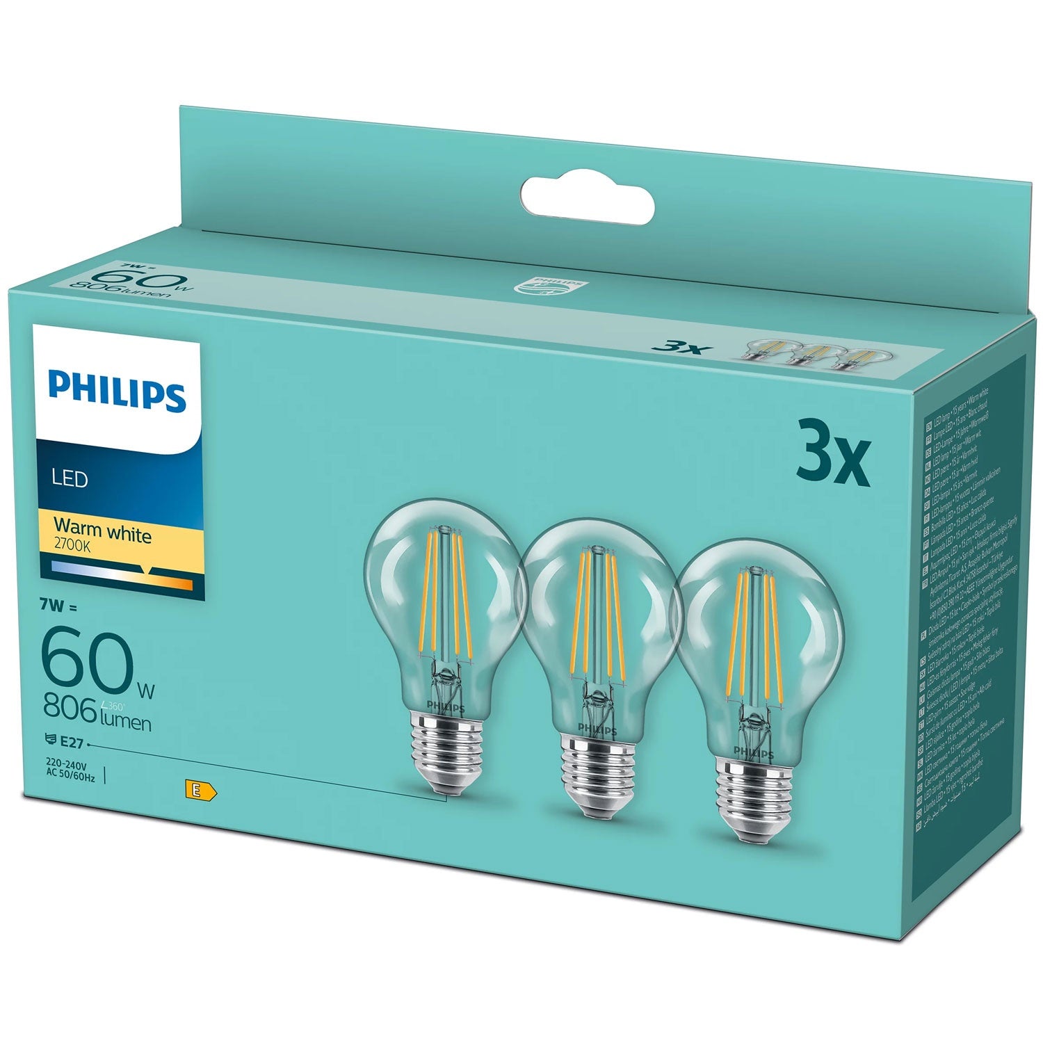 3-pakkaus LED E27 Normaali Kirkas 60W 806lm
