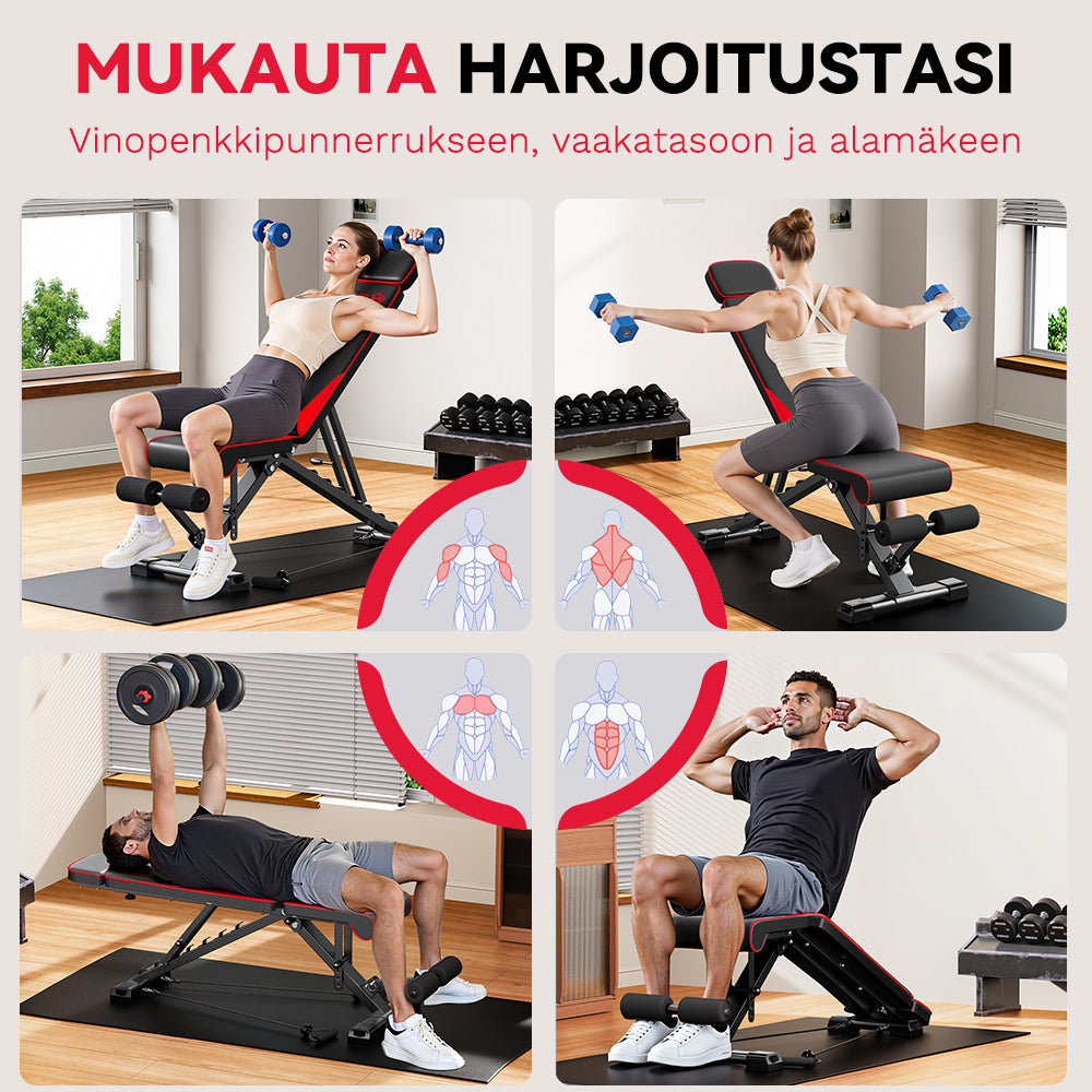 Kokoontaitettava harjoittelupenkki säädettävillä selkänojan ja istuimen tasoilla kotitreeniin ja voimanrakennukseen