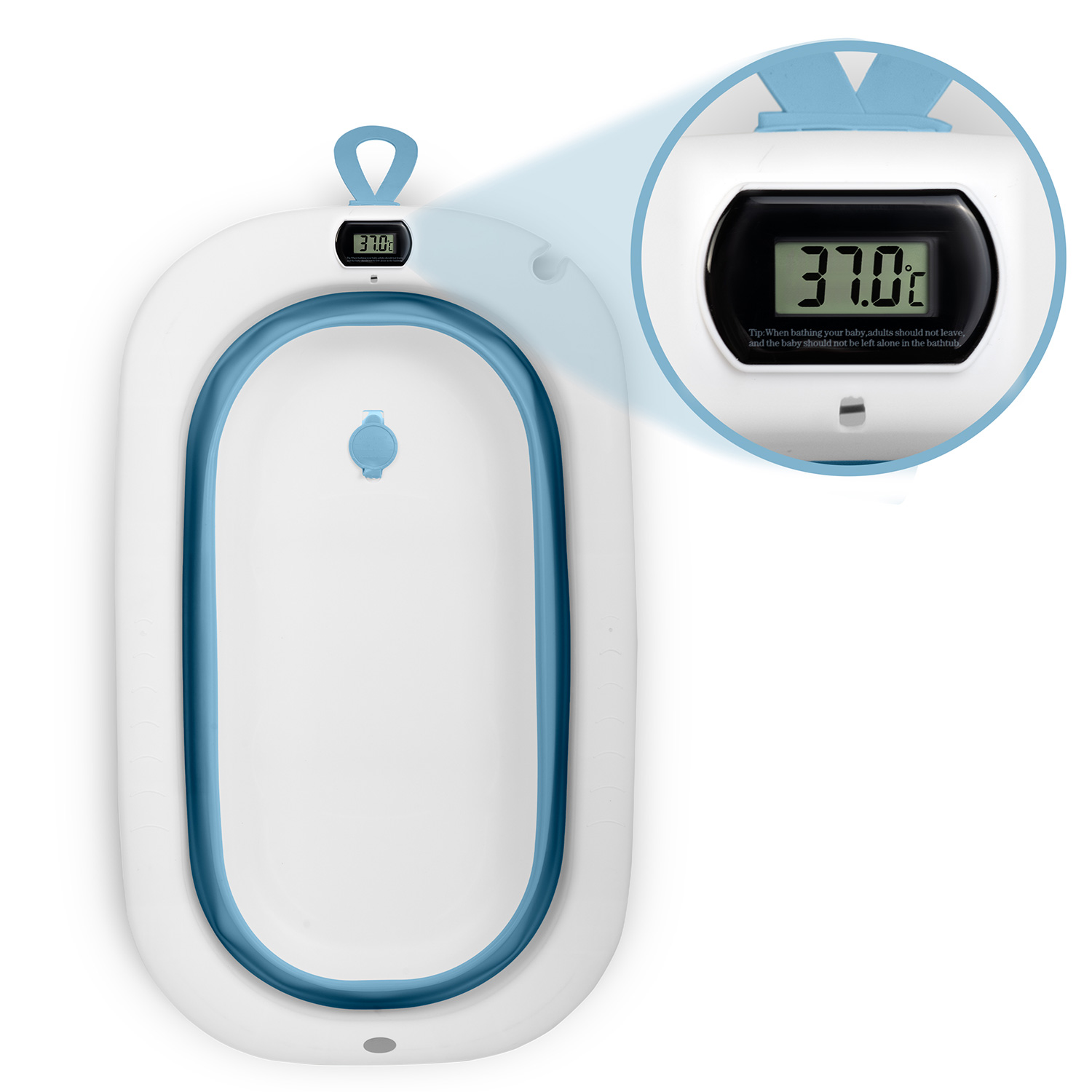 Kokoontaitettava kylpyamme lapsille ja vauvoille, lämpömittari ja sisäosa RK-287, valkoinen ja sininen