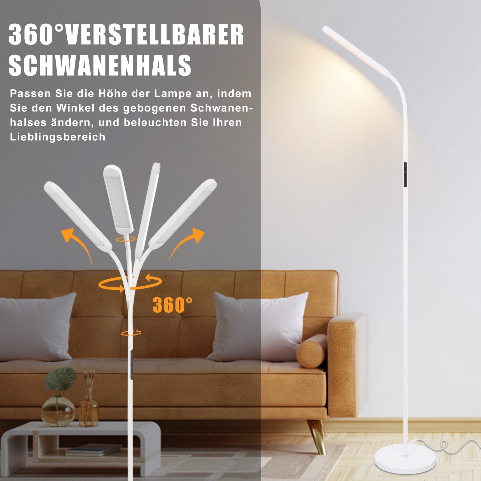NETTLIFE LED - lattiavalaisin olohuoneeseen, himmennettävä, valkoinen lattiavalaisin, 11 W, 360° kääntyvä, sohva