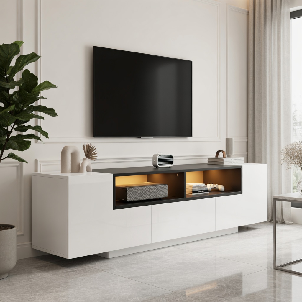 TV-taso 180x40x48 cm valkoinen lastulevy säilytyksellä ja LED-valaistuksella