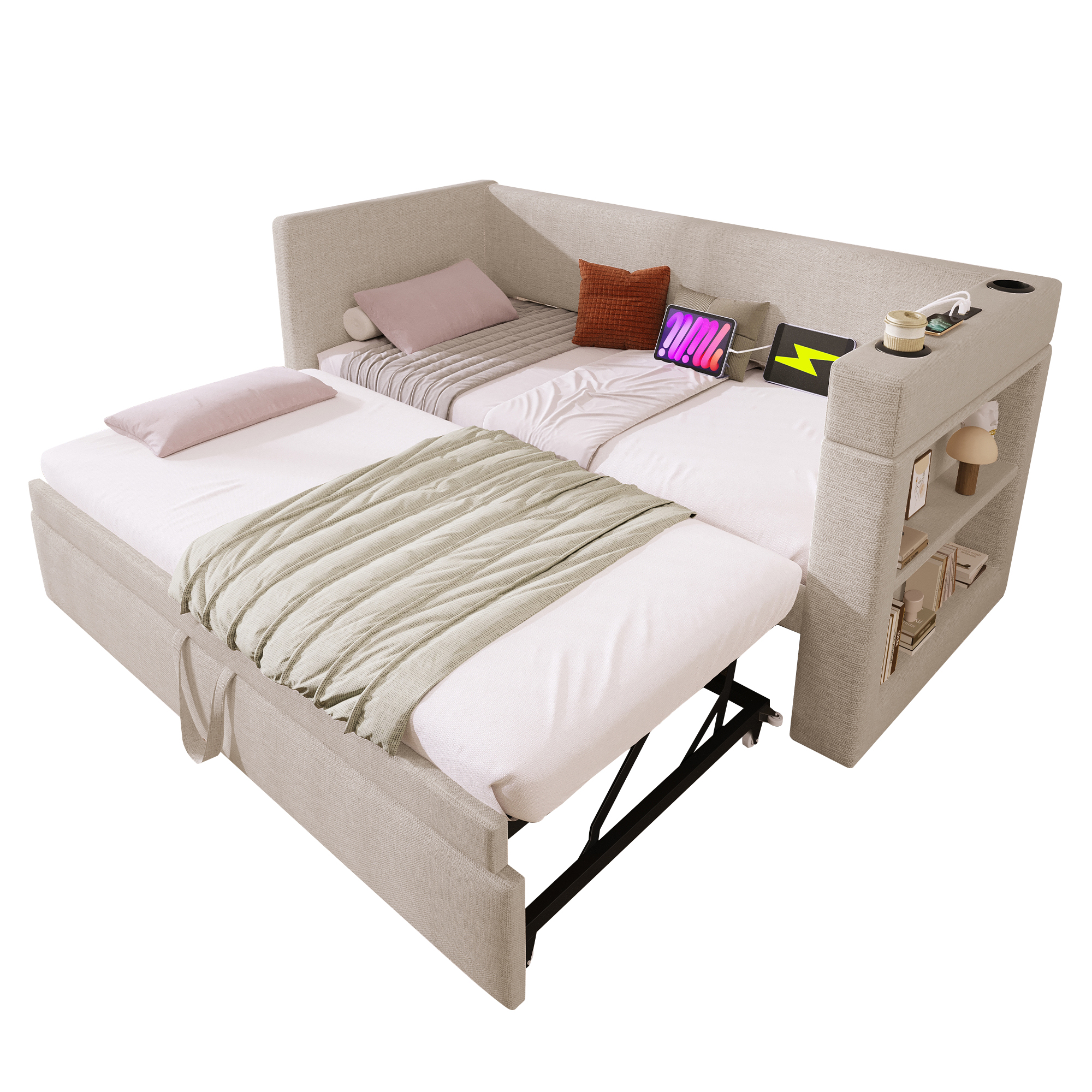sänky 90x190 cm laajennettava USB- ja tyypin C -latausmahdollisuudella, beige, kangas