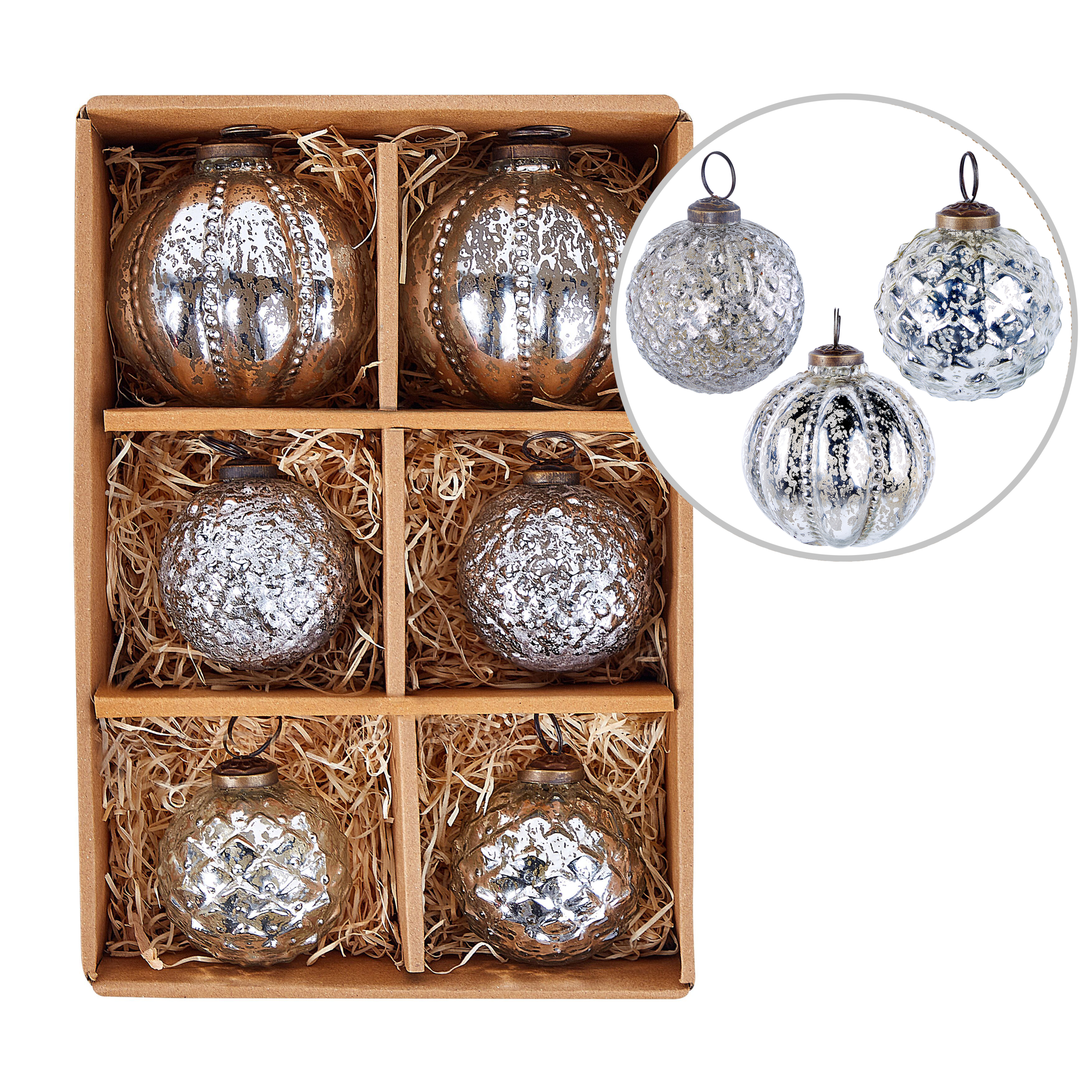 Kuusenkoristesetti 6 kpl ARGENTIN lasi Hopea