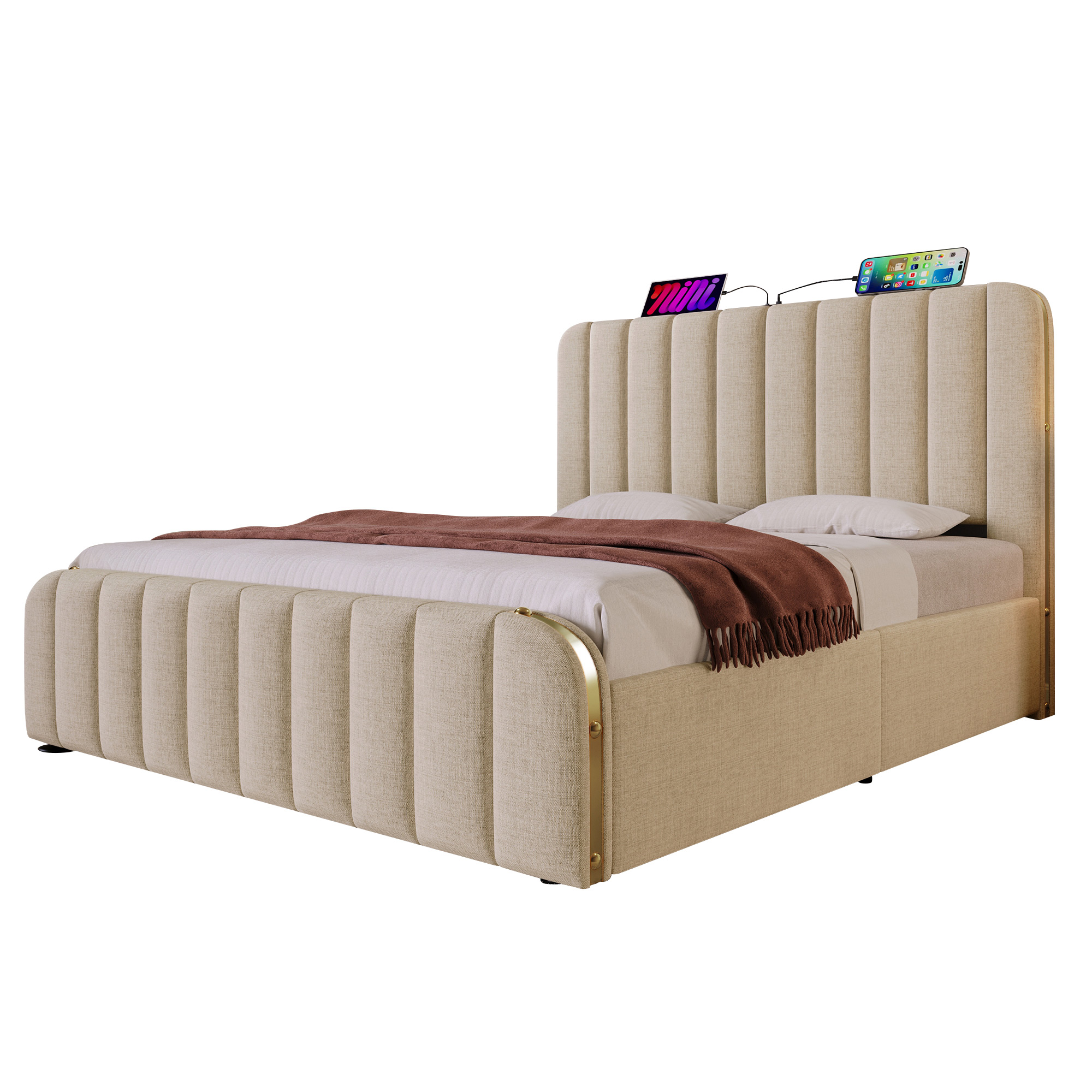 sänky 180x200 cm USB-tulppa ja 4 laatikkoa beige linssimateriaalilla