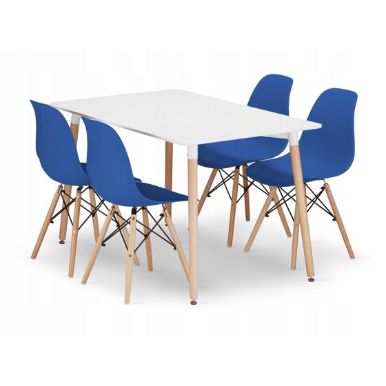 ADRIA suorakulmainen pöytä 120x80 valkoinen, 4 OSAKA-tuolia sininen