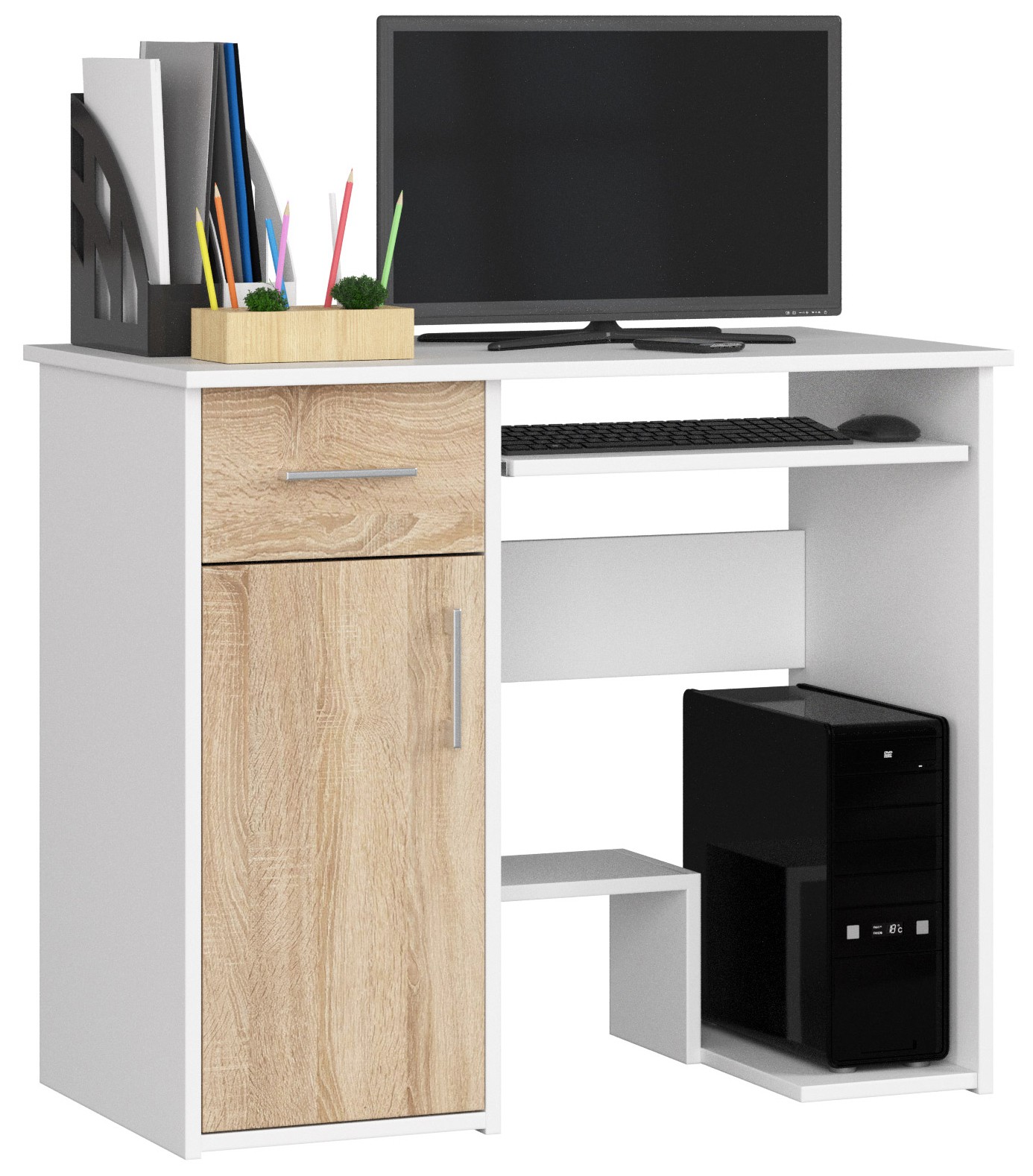 Akord Kirjoituspöytä Pin 1 laatikko 1 kaappi vasen Valkoinen/Sonoma-tammi 90x50x74