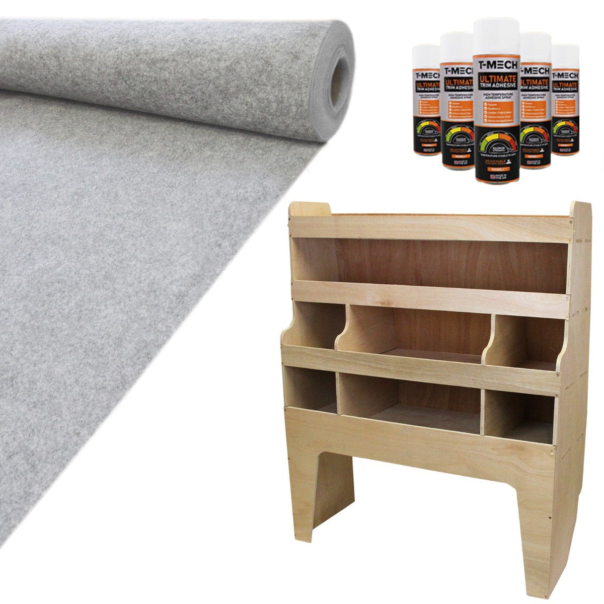 11 neliömetrin hopeanharmaa pakettiauton verhoilu ja VW Transporterin hyllystö