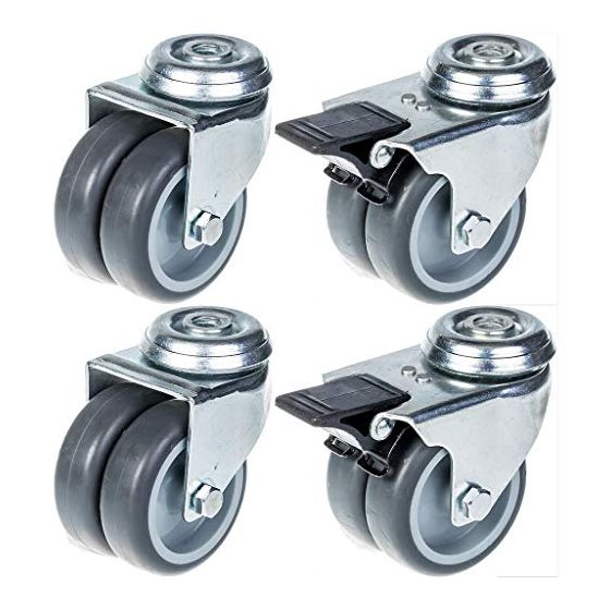 75mm 3" kaksoispyöräpyörä harmaa kumi kääntyvä ja jarru 400kg kantavuus, 4 kpl:n setti
